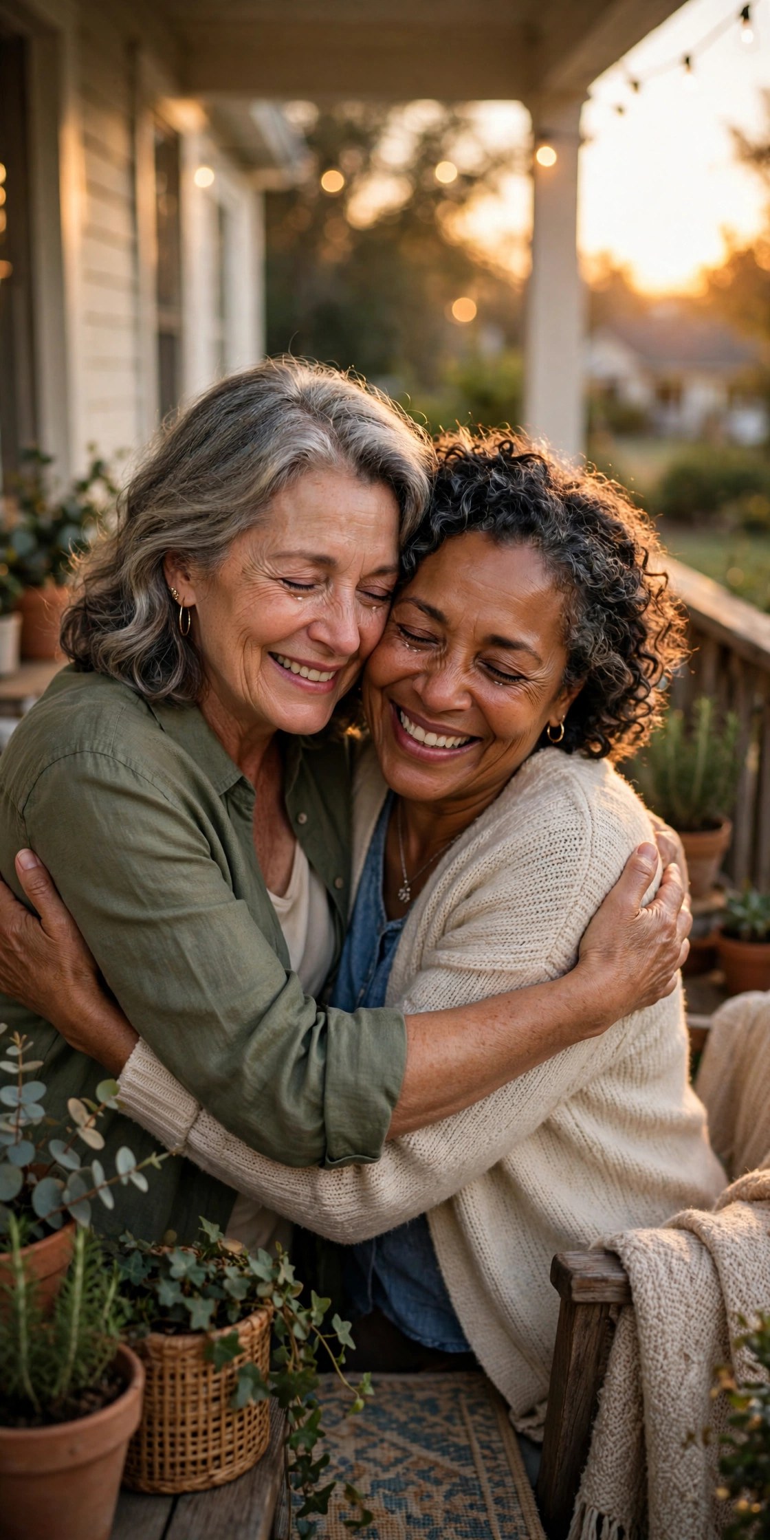 Two women in their 60s sharing a warm heartfelt embrace on a porch at sunset