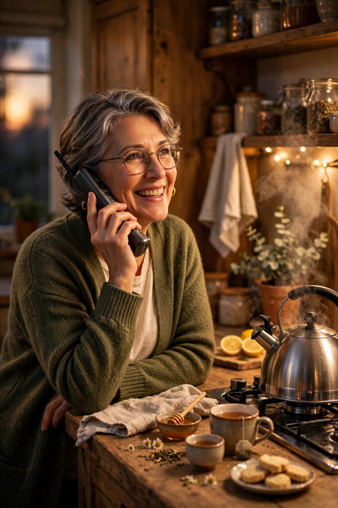 Woman in her 60s chatting happily on the phone in a cozy kitchen with tea