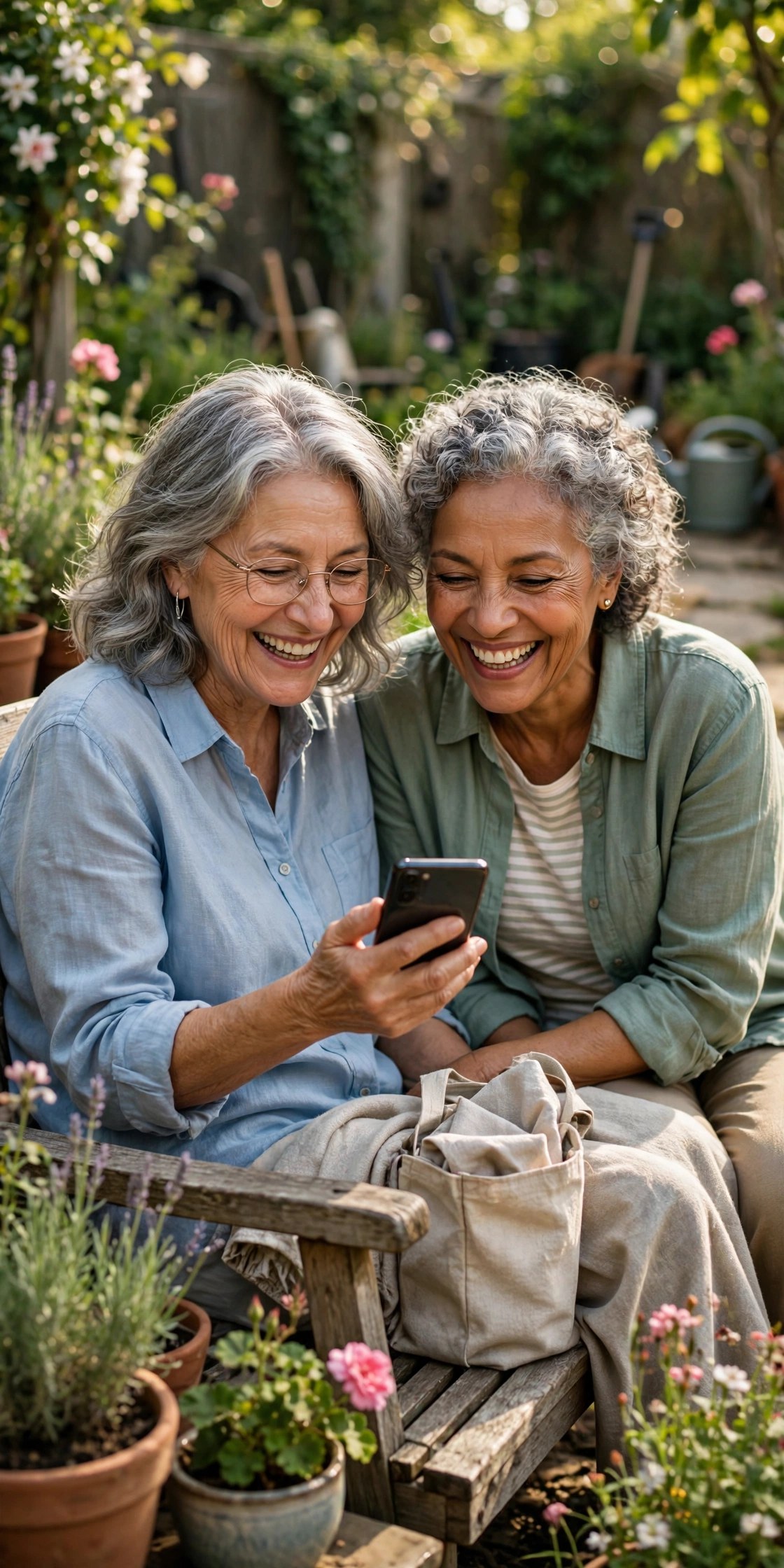 Two women in their 60s laughing together while looking at a smartphone in the garden