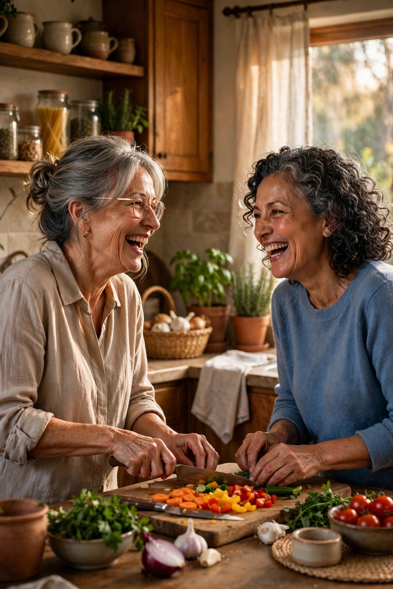Two women in their 60s cooking together and laughing in a cozy home kitchen