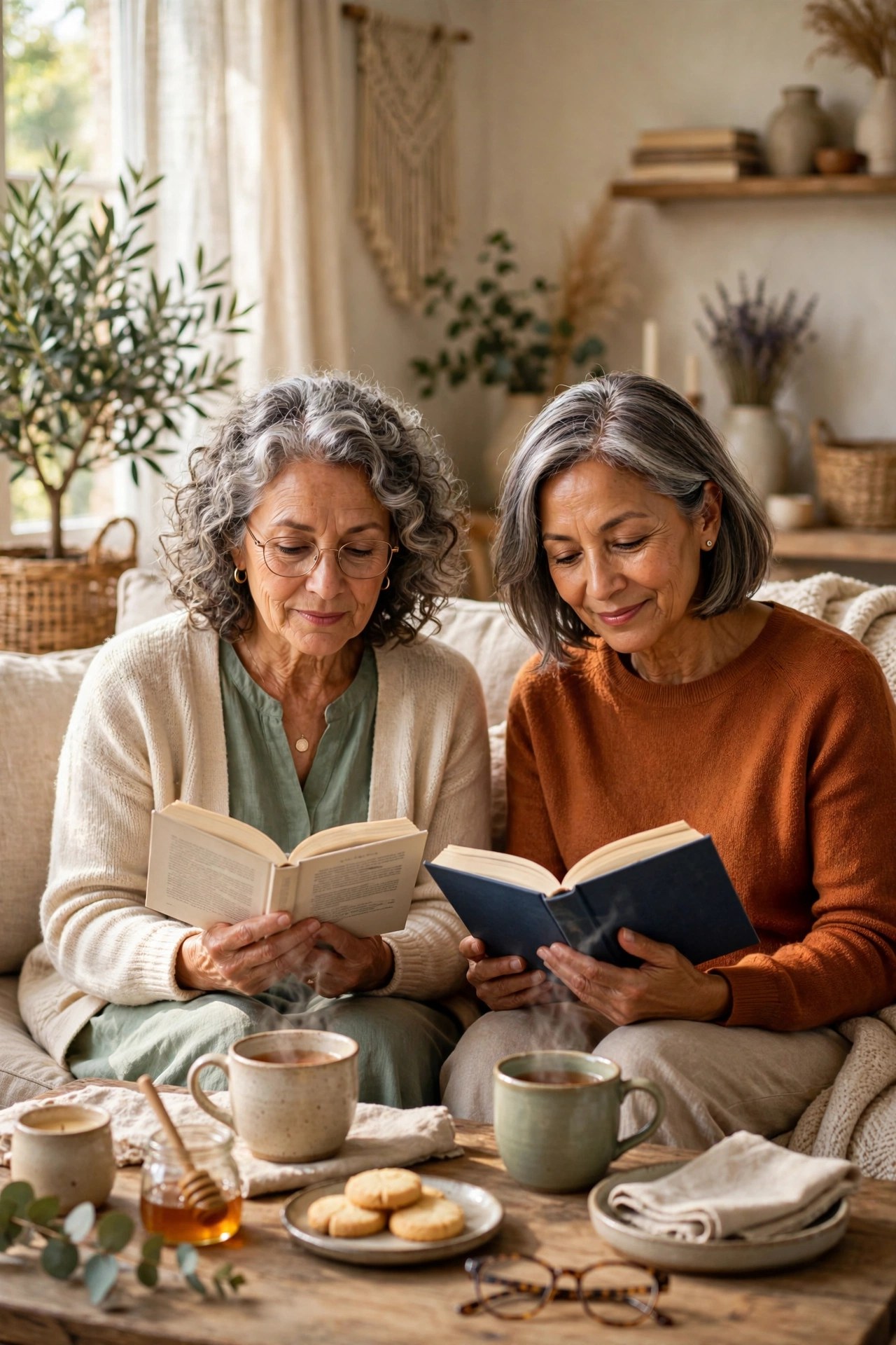 Two women in their 60s reading books together in a sunny living room with tea