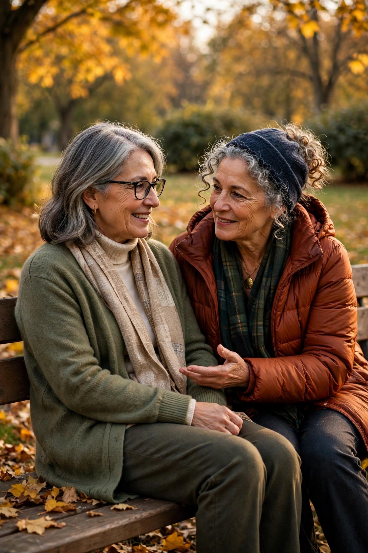 Two women in their 60s talking warmly on an autumn park bench