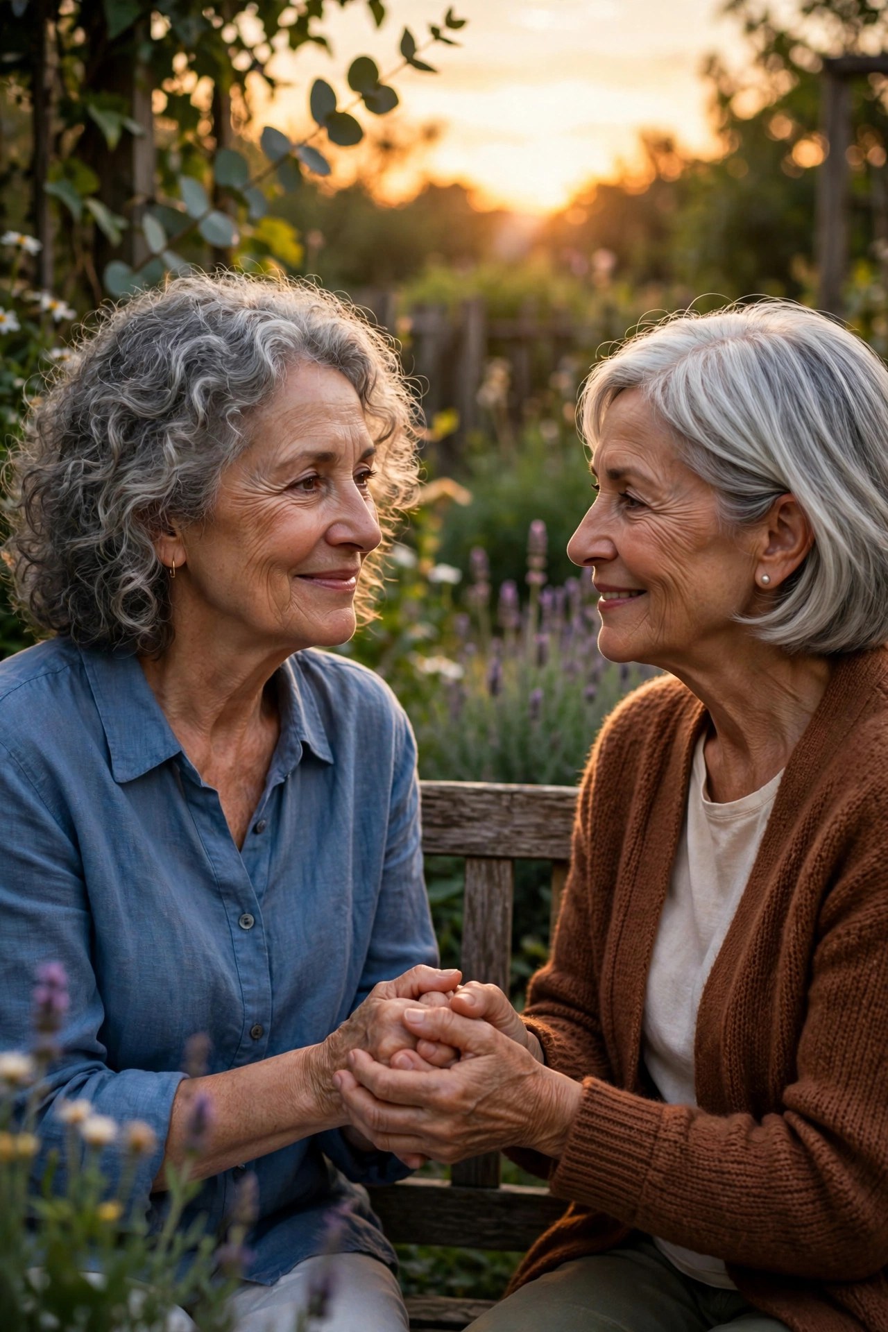 Two women in their 60s holding hands tenderly on a garden bench at sunset