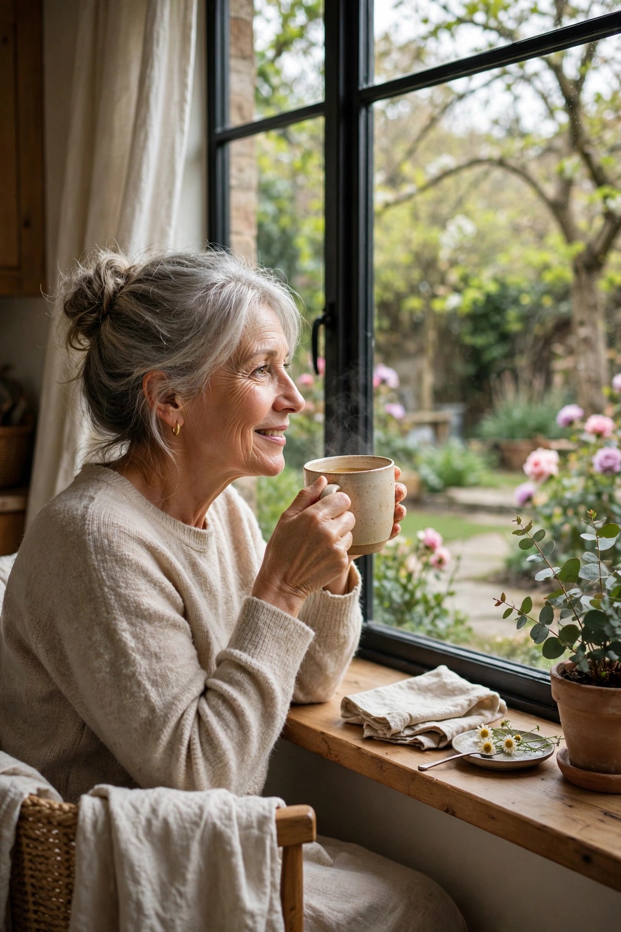 Peaceful woman in her 60s sipping tea by a window overlooking a garden