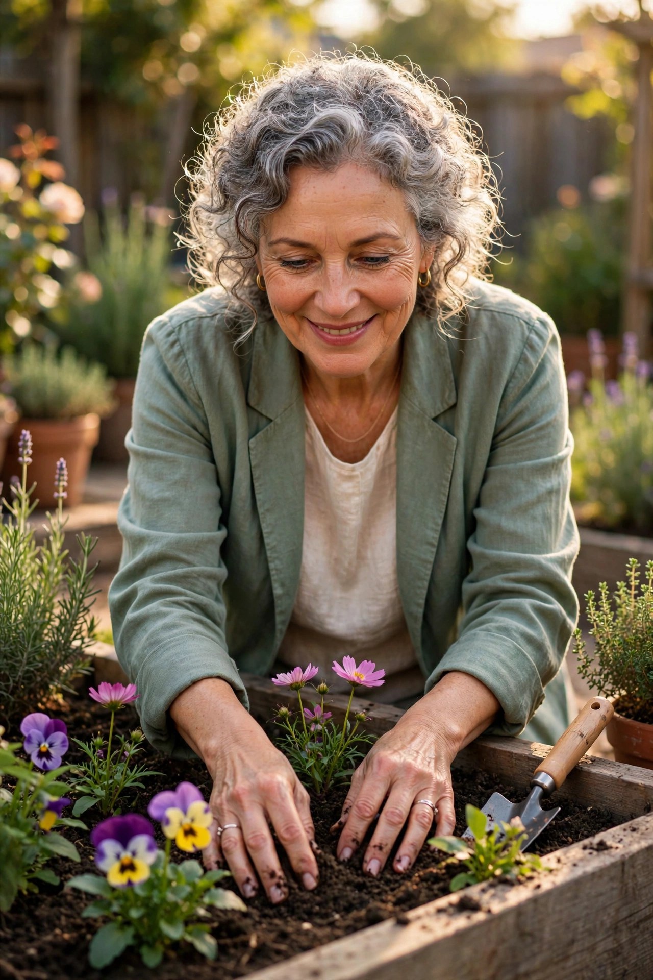 Serene woman in her 60s planting flowers in a sunny garden bed