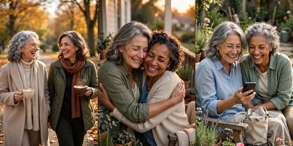 How to Reconnect With Old Friends After 60: two older women friends laughing together in autumn