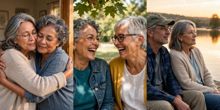 How to reconnect with siblings after 50 - older siblings embracing, laughing and reconnecting
