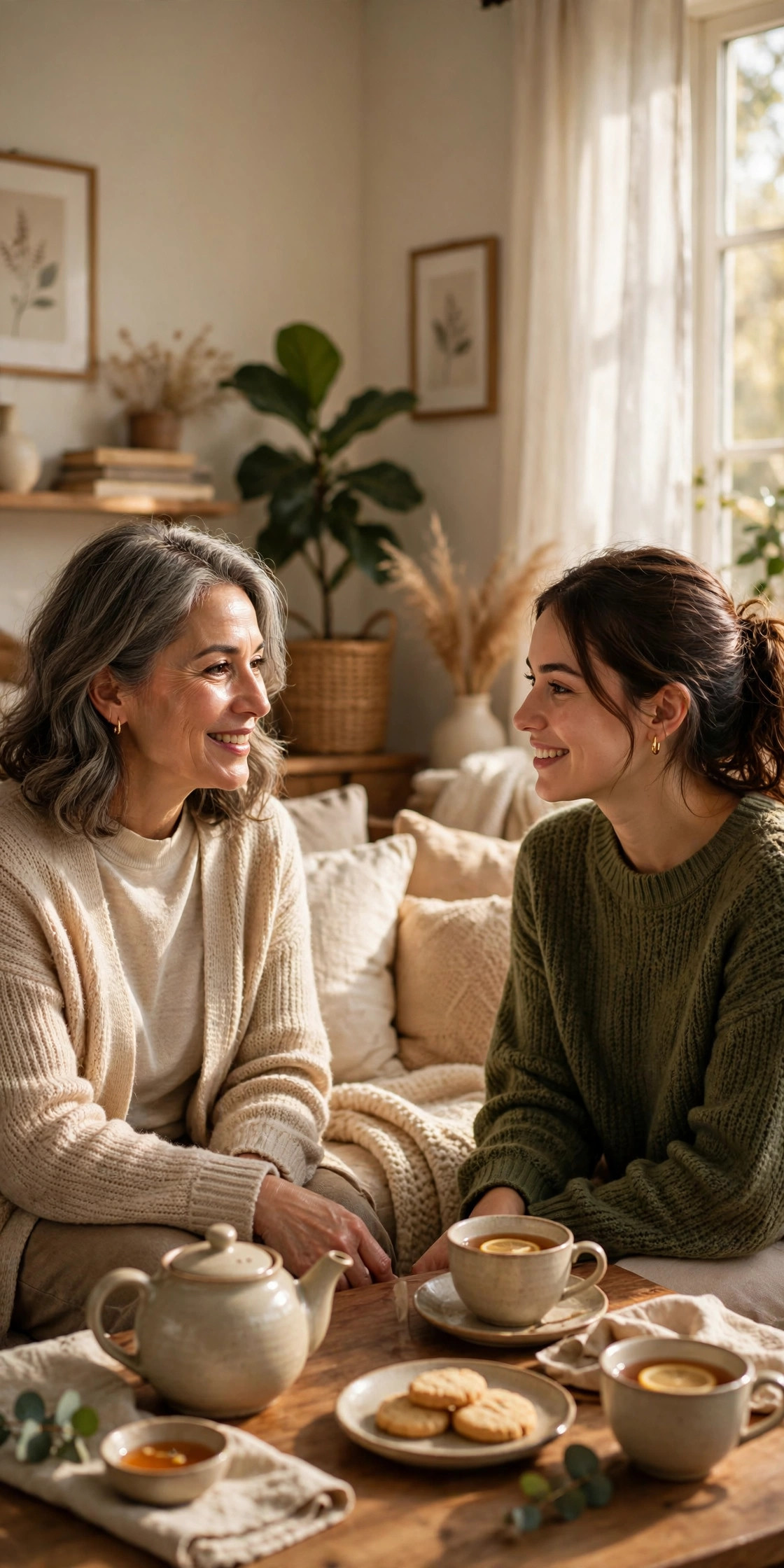 Grandmother in her 50s having a warm conversation over tea with her adult daughter in a sunlit living room