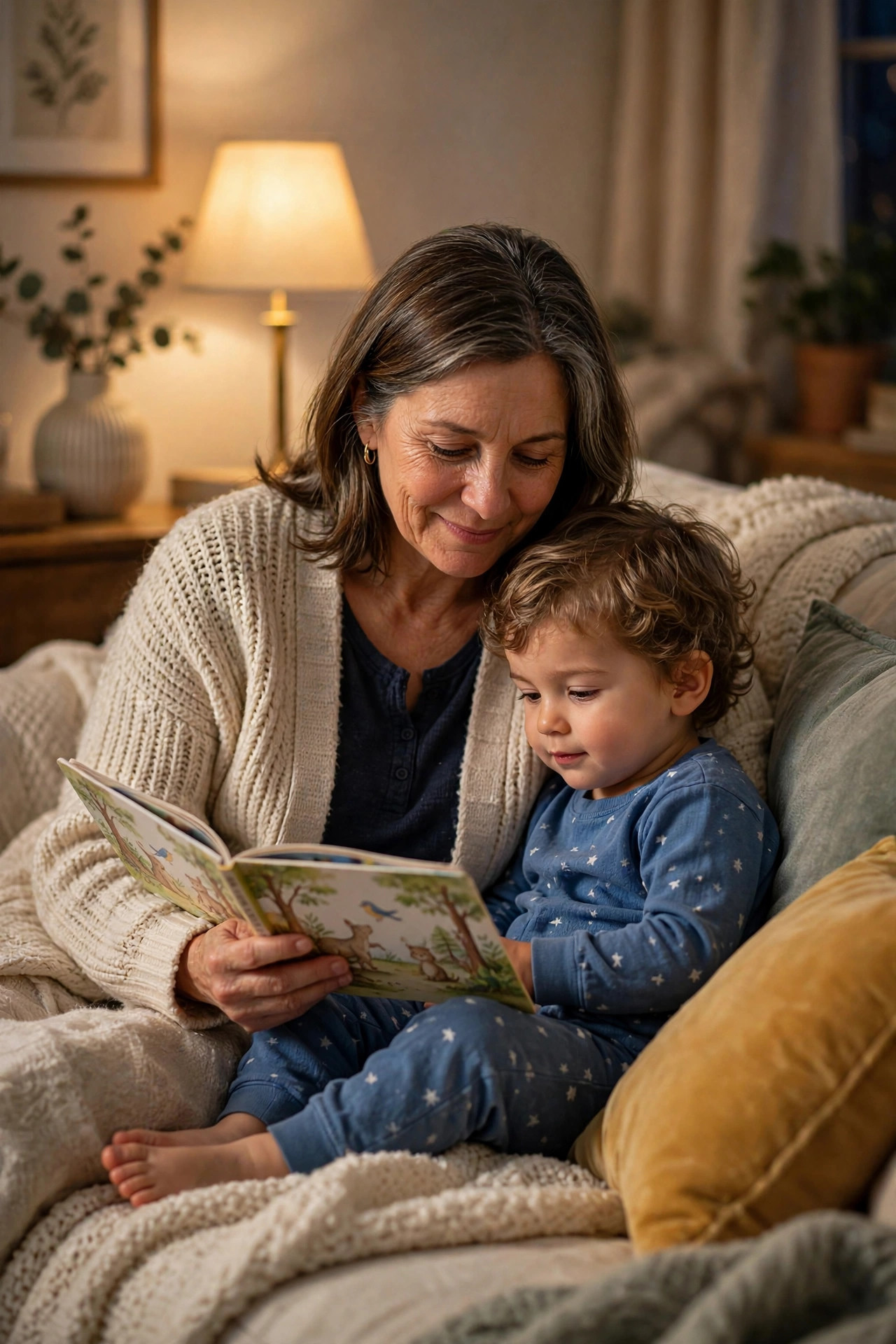 Grandmother reading a bedtime storybook to a toddler on a cozy couch in soft lamplight