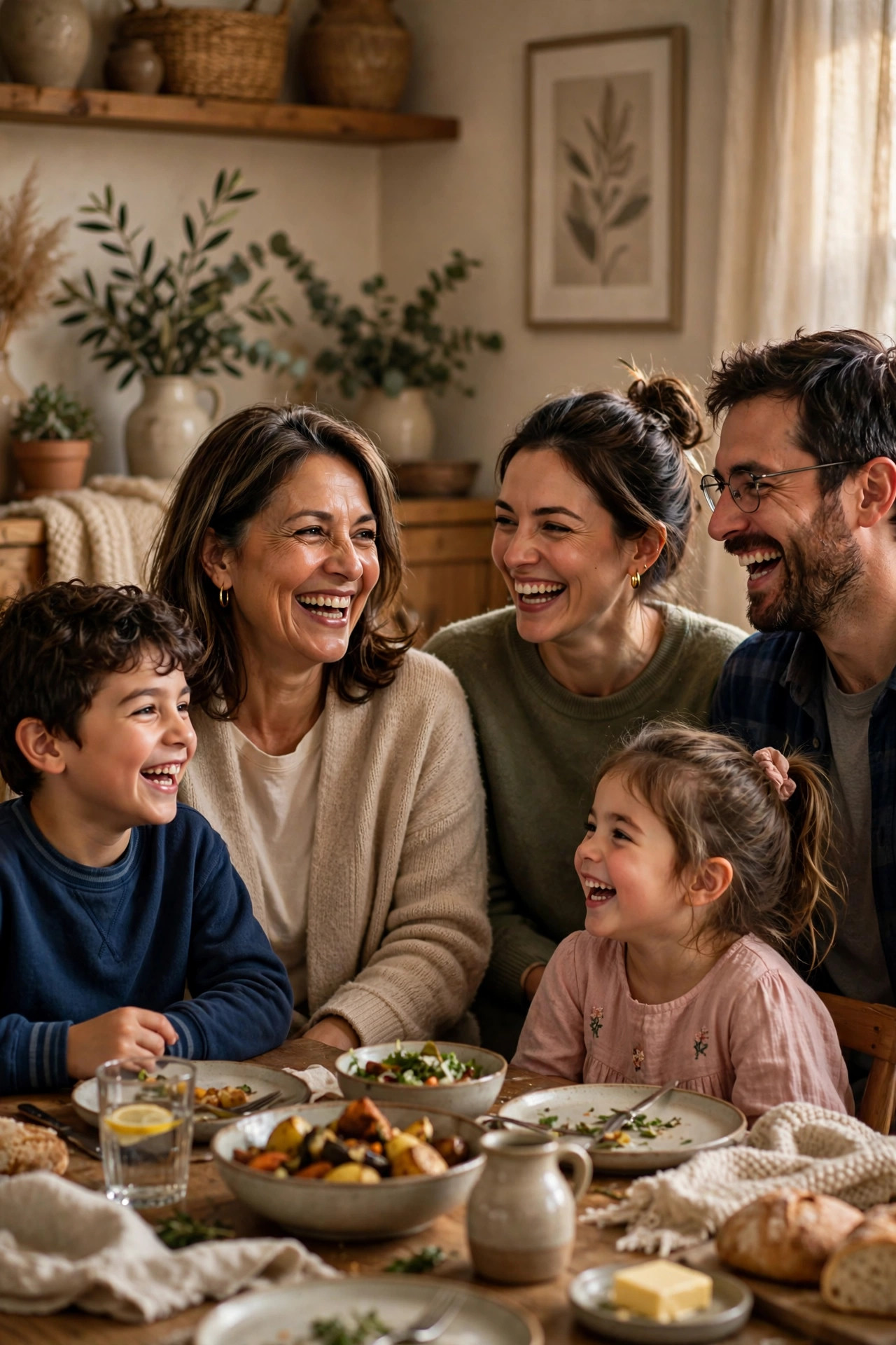 Happy multi-generational family laughing together around a dinner table at home