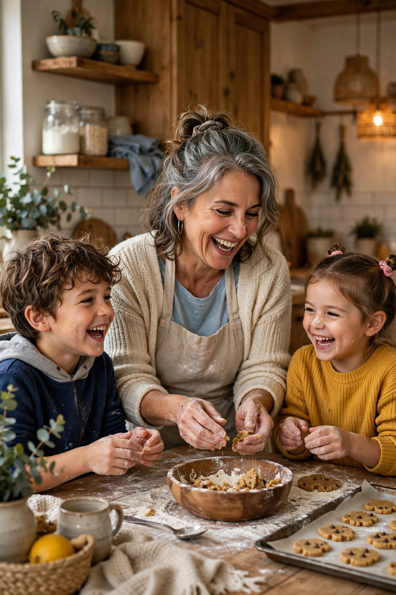 Grandmother baking cookies with two happy grandchildren in a cozy home kitchen