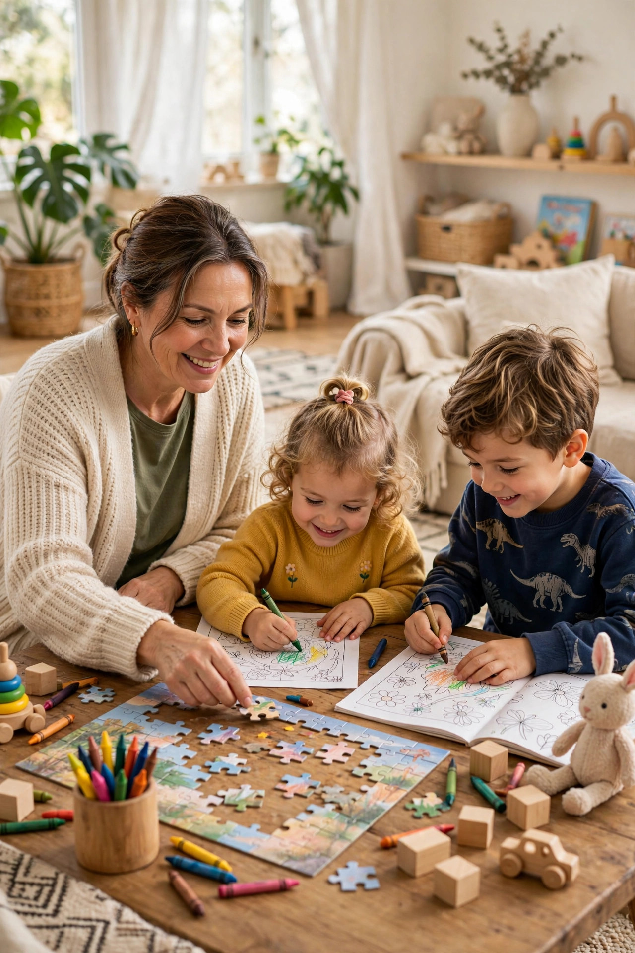 Grandmother doing puzzles and coloring with grandchildren at a wooden table