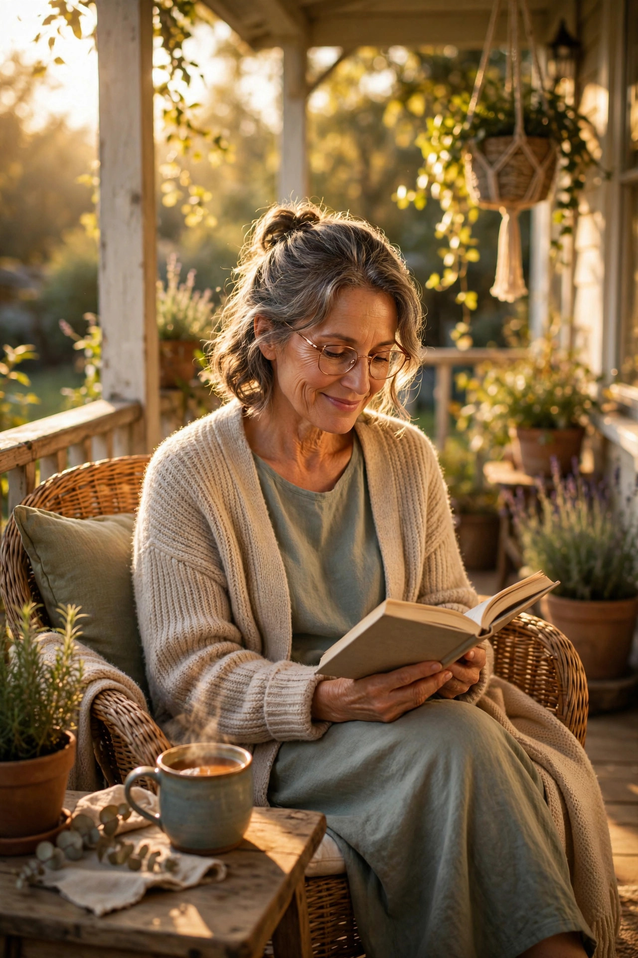 Grandmother enjoying quiet alone time reading a book with tea on a sunny porch