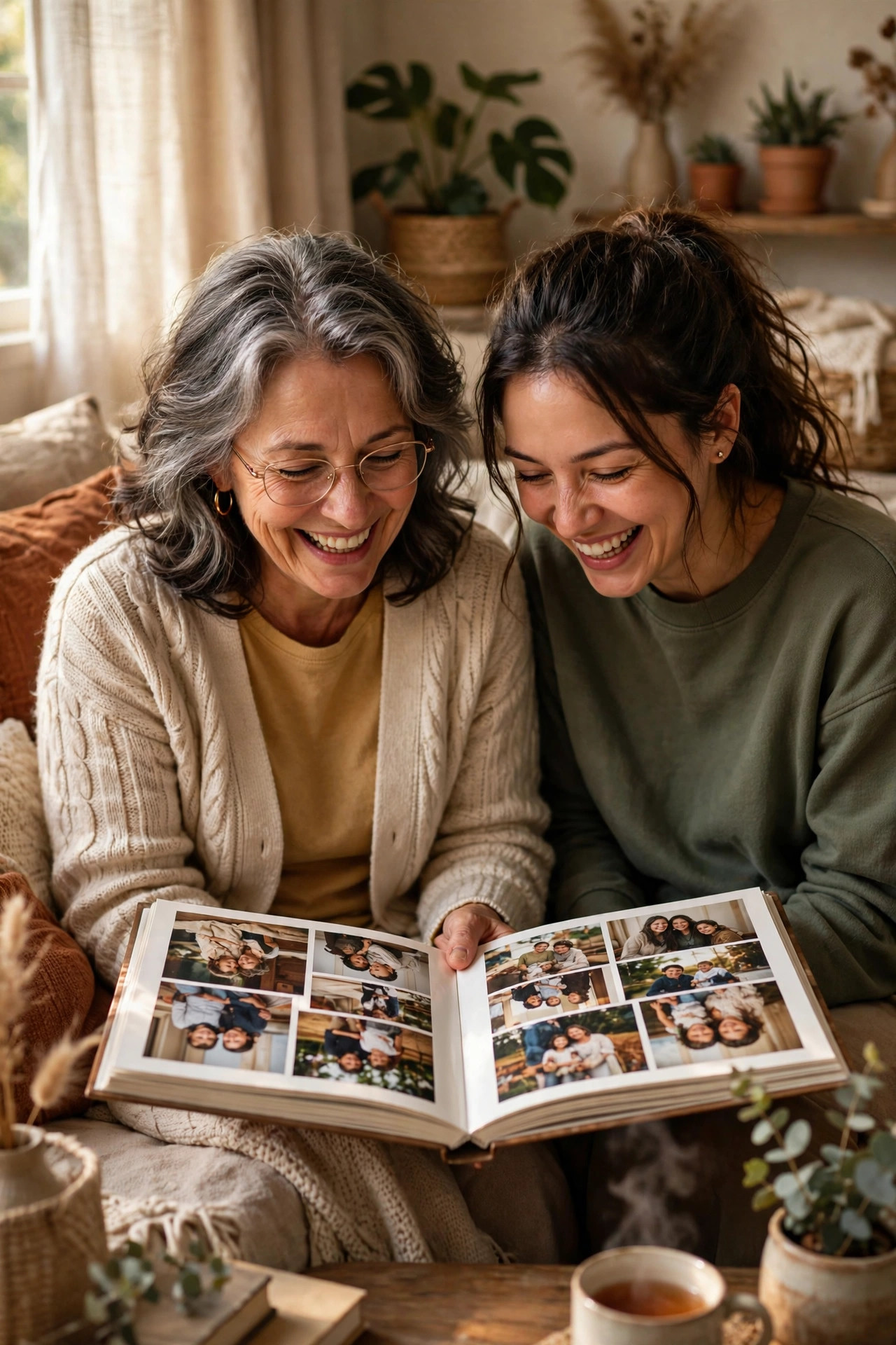 Grandmother and adult daughter laughing together over a family photo album on a couch