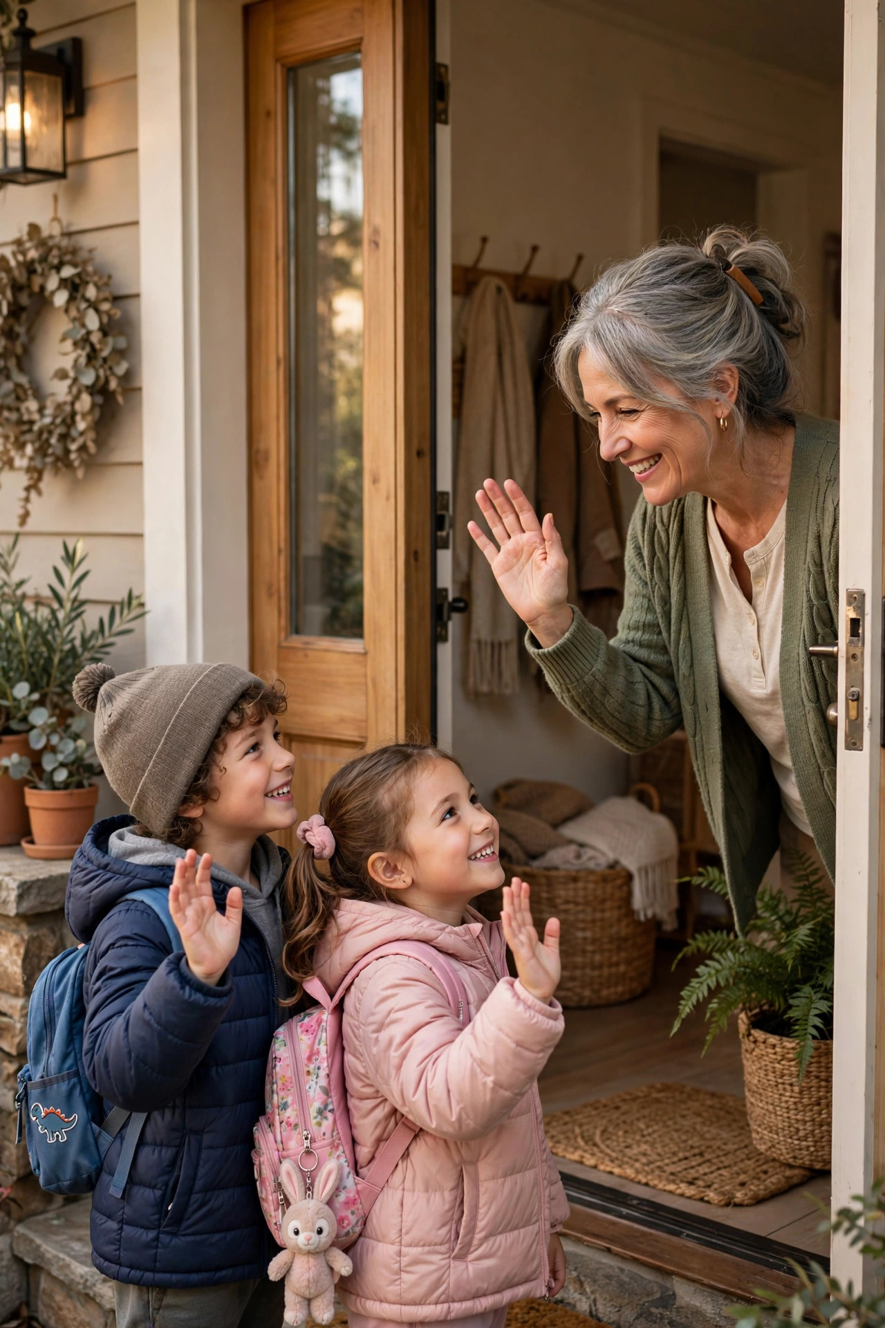 Grandmother waving goodbye to happy grandchildren at the front door after a visit