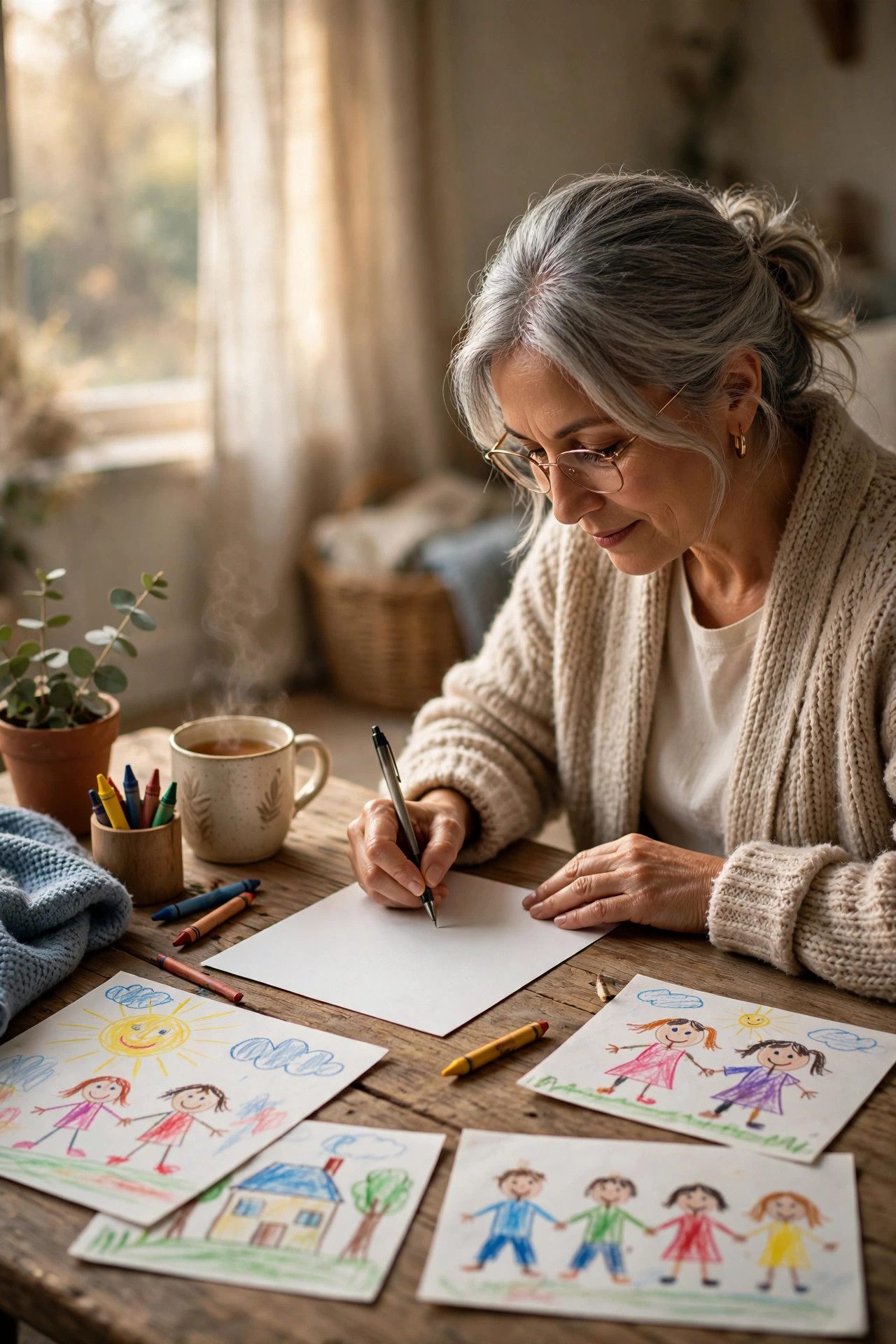 Grandmother writing a heartfelt letter at a wooden desk with grandchildren drawings nearby