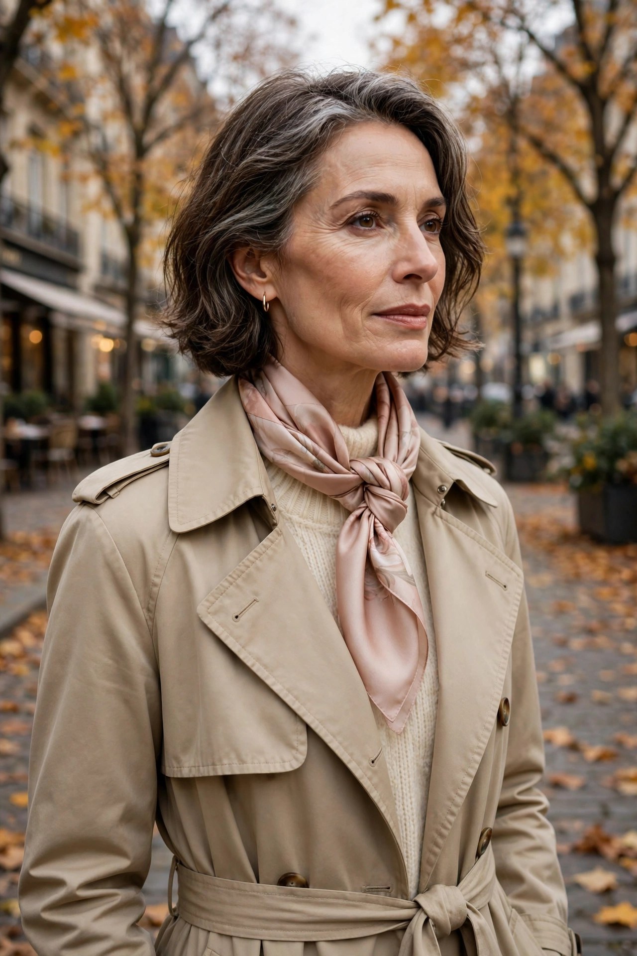 Woman over 50 in a trench coat with a silk scarf in a twisted Parisian loop knot