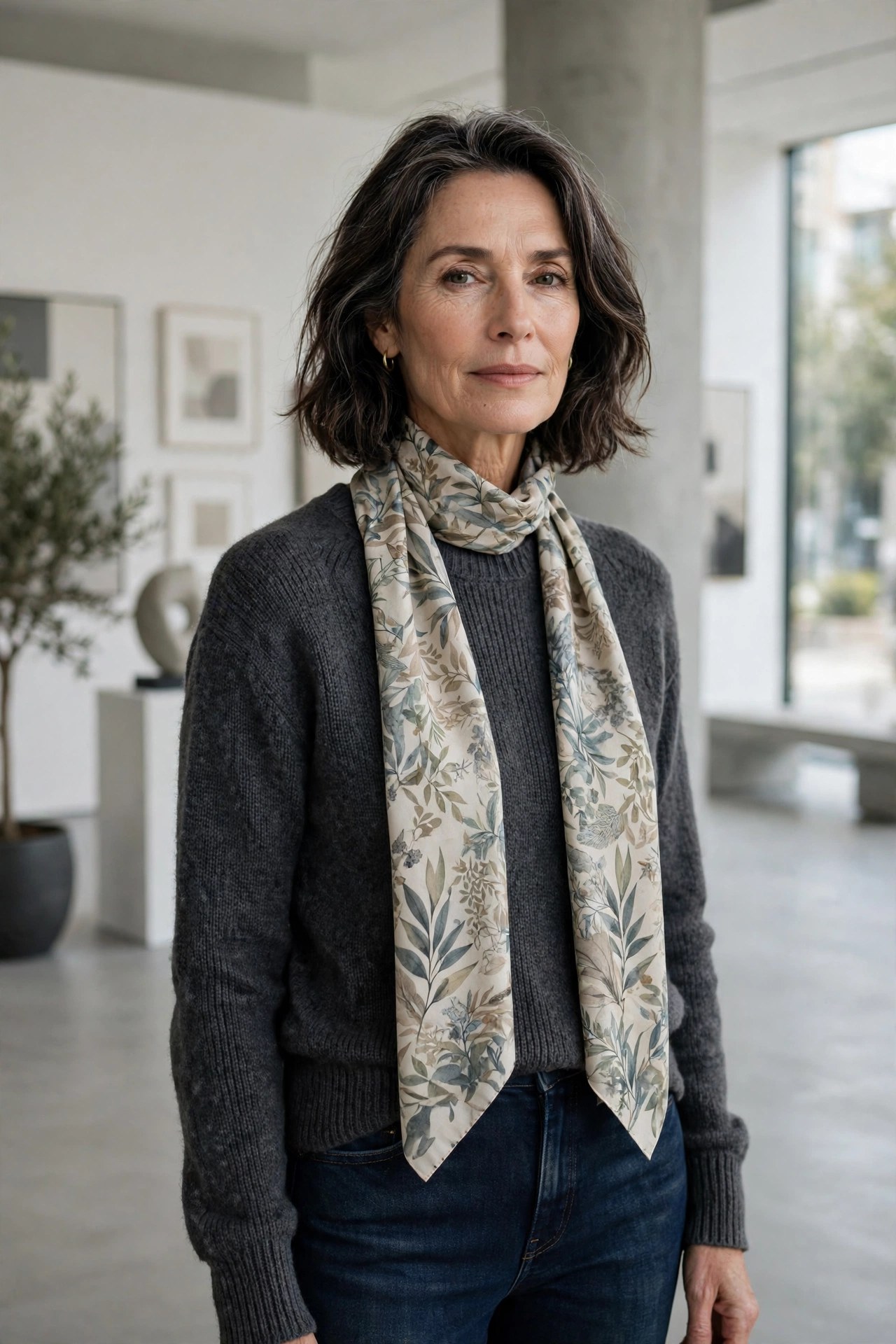 Woman over 50 in a charcoal sweater with a printed scarf simply draped, no knot