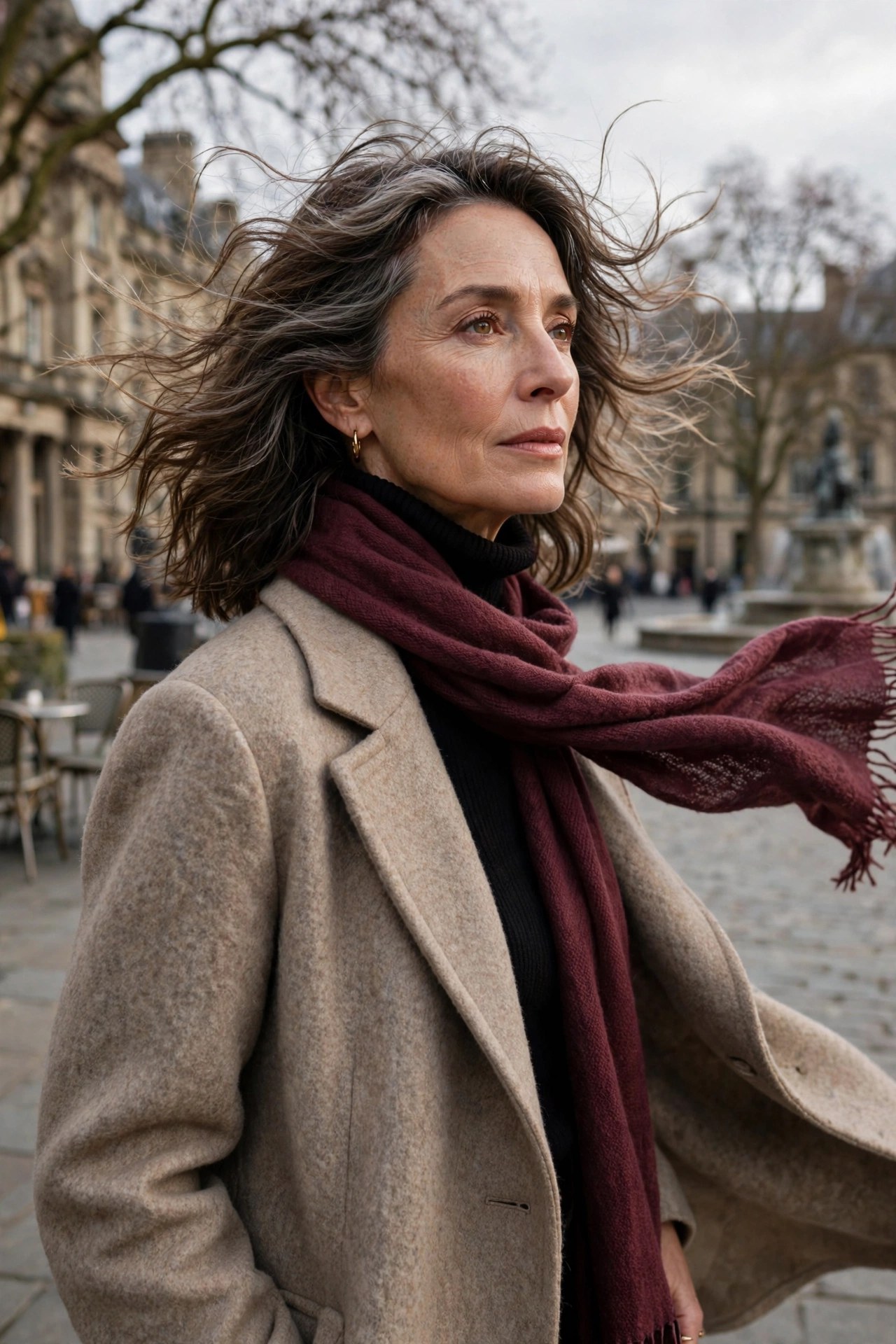 Woman over 50 in a wool coat with a long scarf wrapped once, one end tossed back