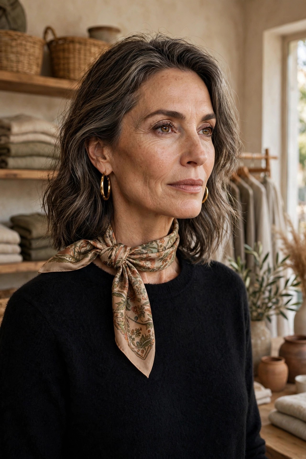 Woman over 50 in a black sweater with a printed scarf tied in a knot to one side