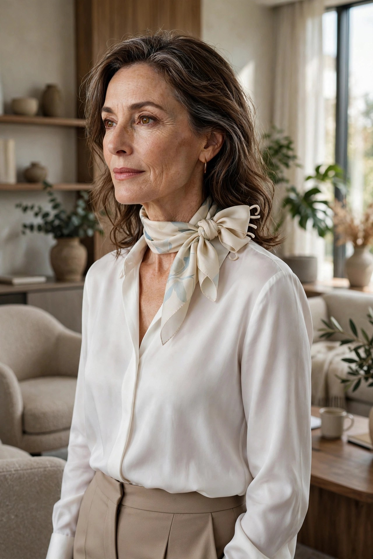 Woman over 50 in a white blouse with a silk scarf tied in a soft bow at the neck
