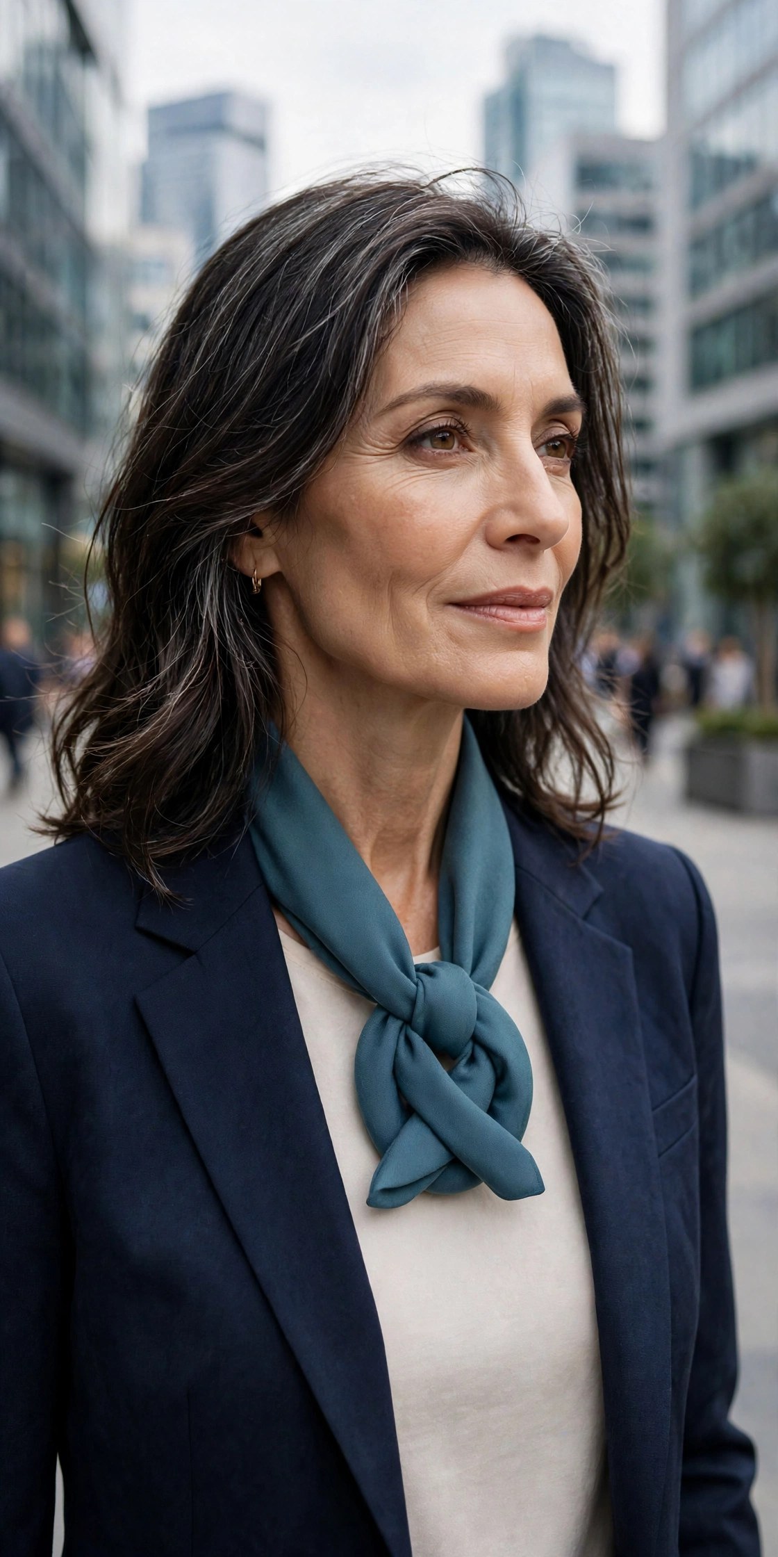 Woman over 50 in a blazer with a scarf tied in a neat pretzel-style knot