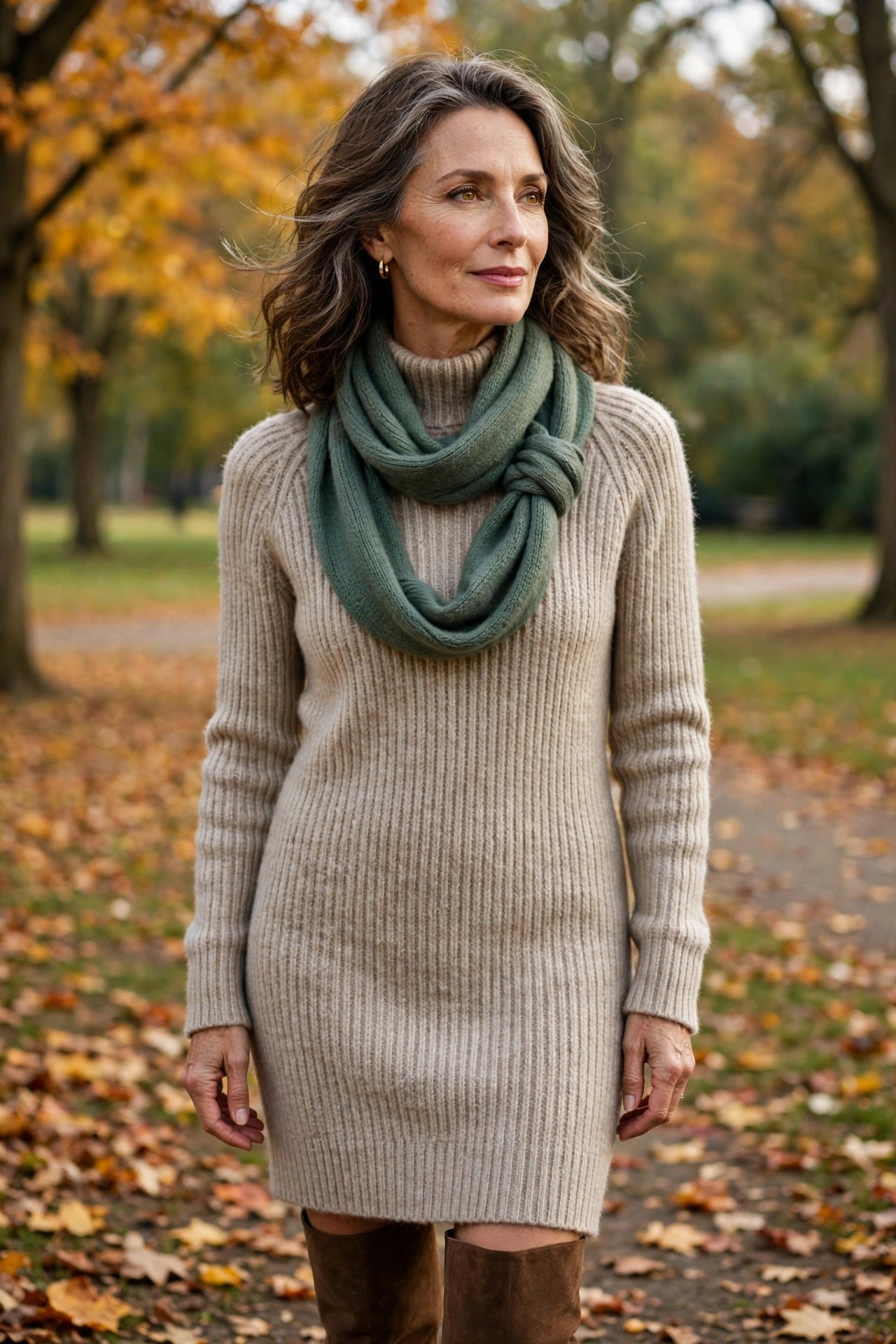Woman over 50 in a sweater dress with a scarf looped twice as an infinity scarf