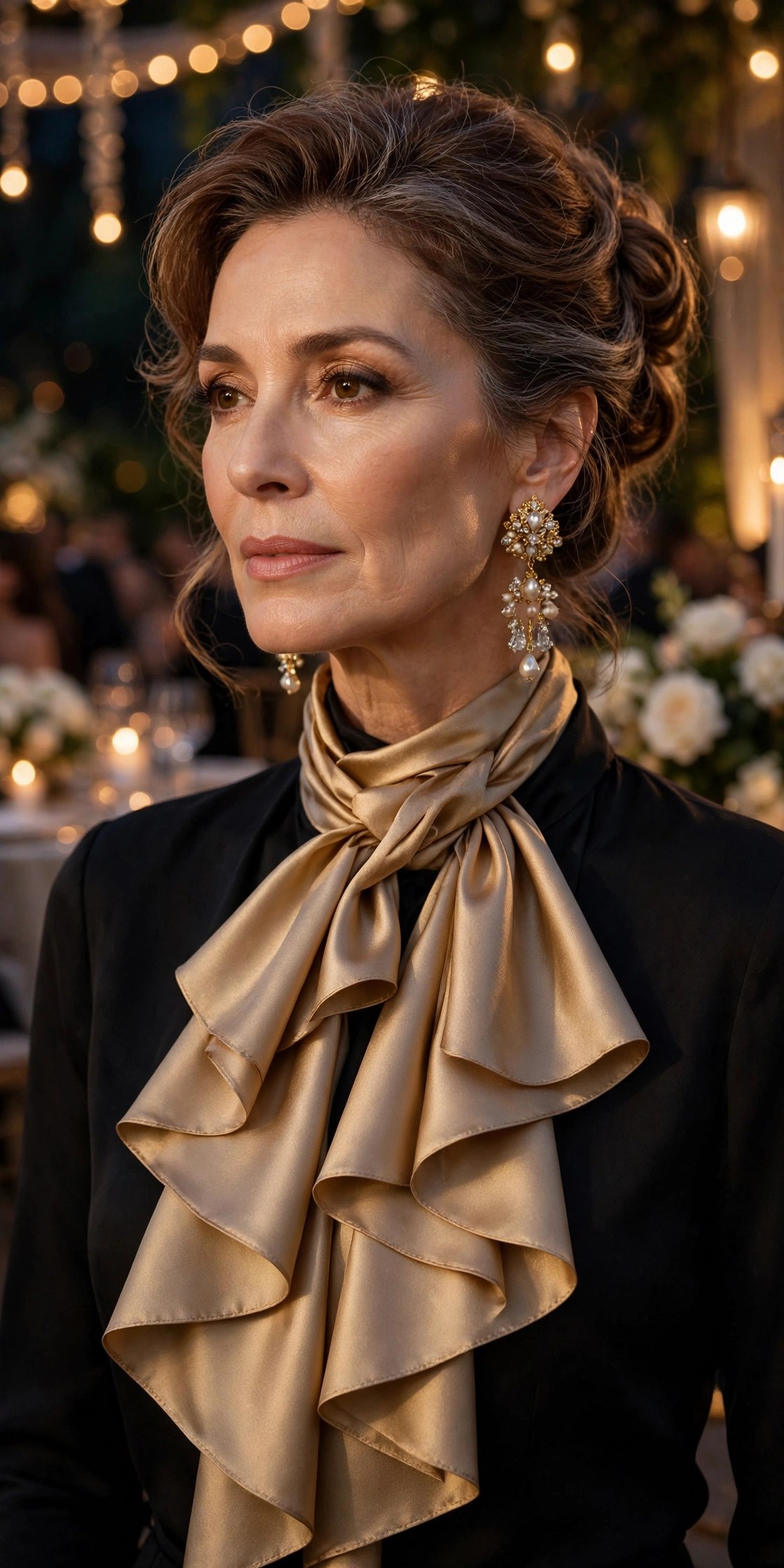 Woman over 50 at an evening event with a silk scarf in a cascading waterfall knot