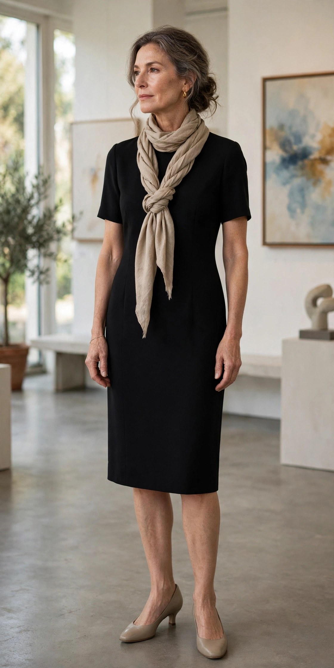 Woman over 50 in a sheath dress with a scarf twisted rope-style around her neck