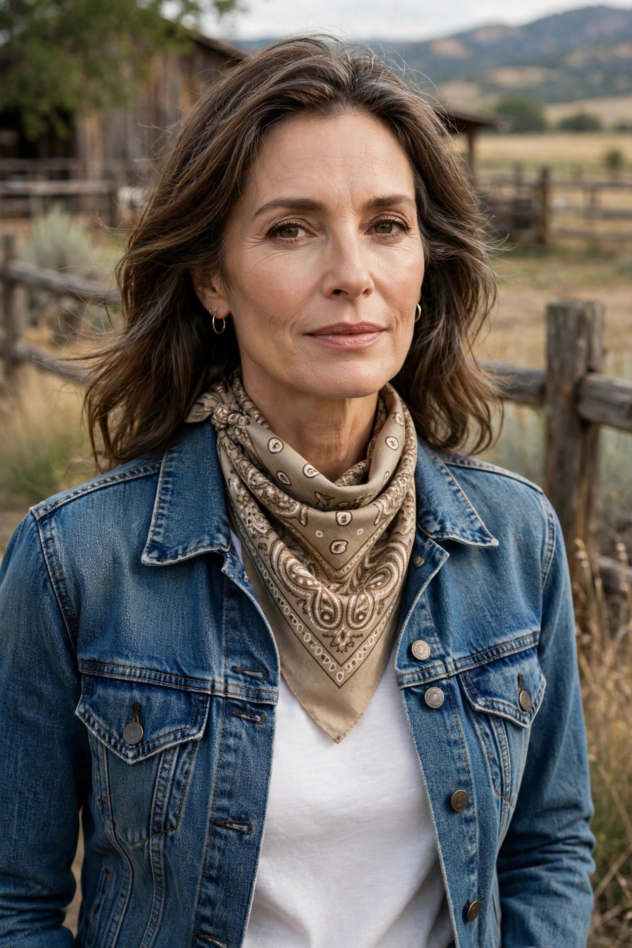 Woman over 50 in a denim jacket with a square scarf tied bandana-style at her neck
