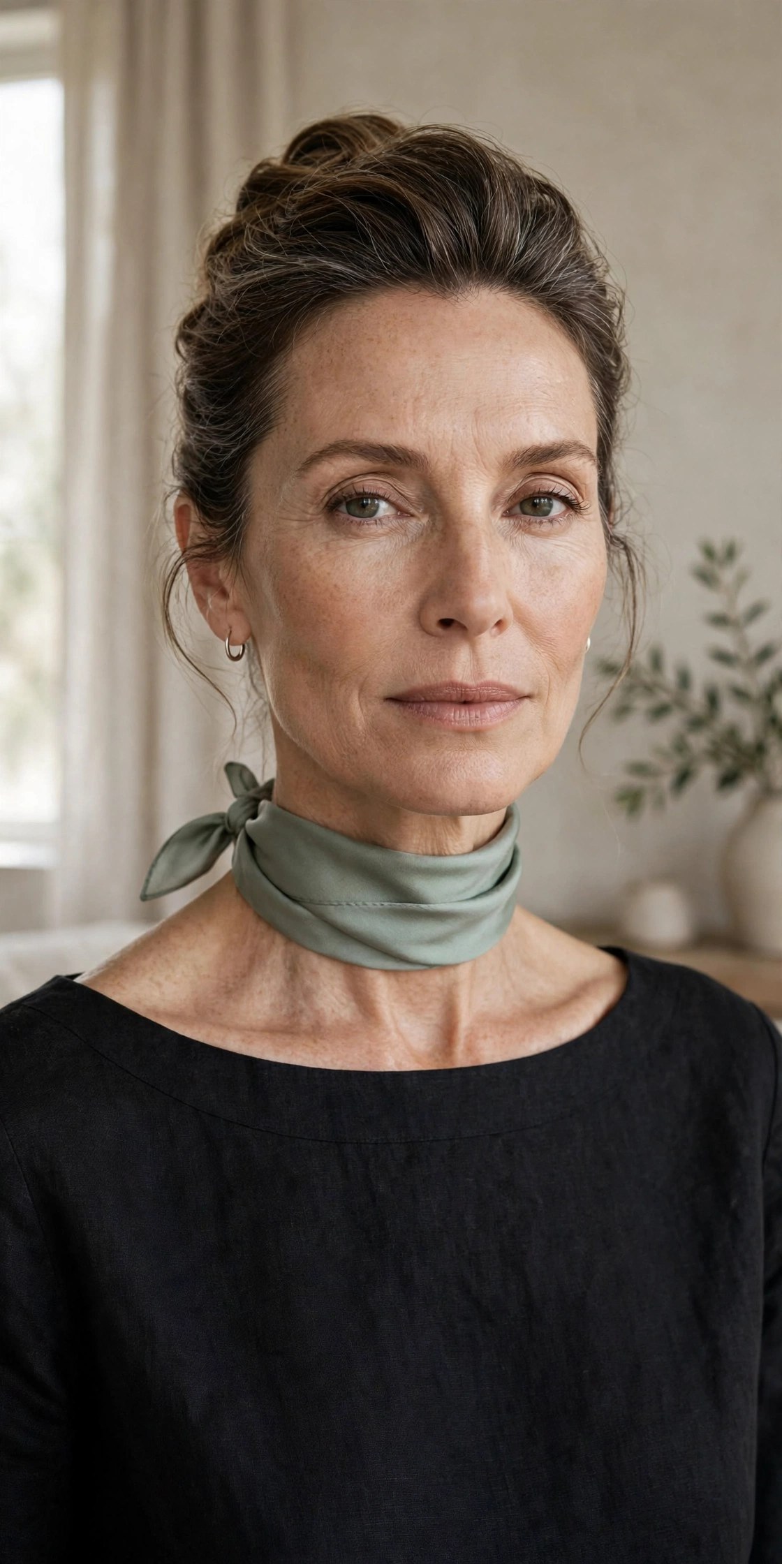 Woman over 50 in a boat-neck top with a narrow silk scarf wrapped as a choker