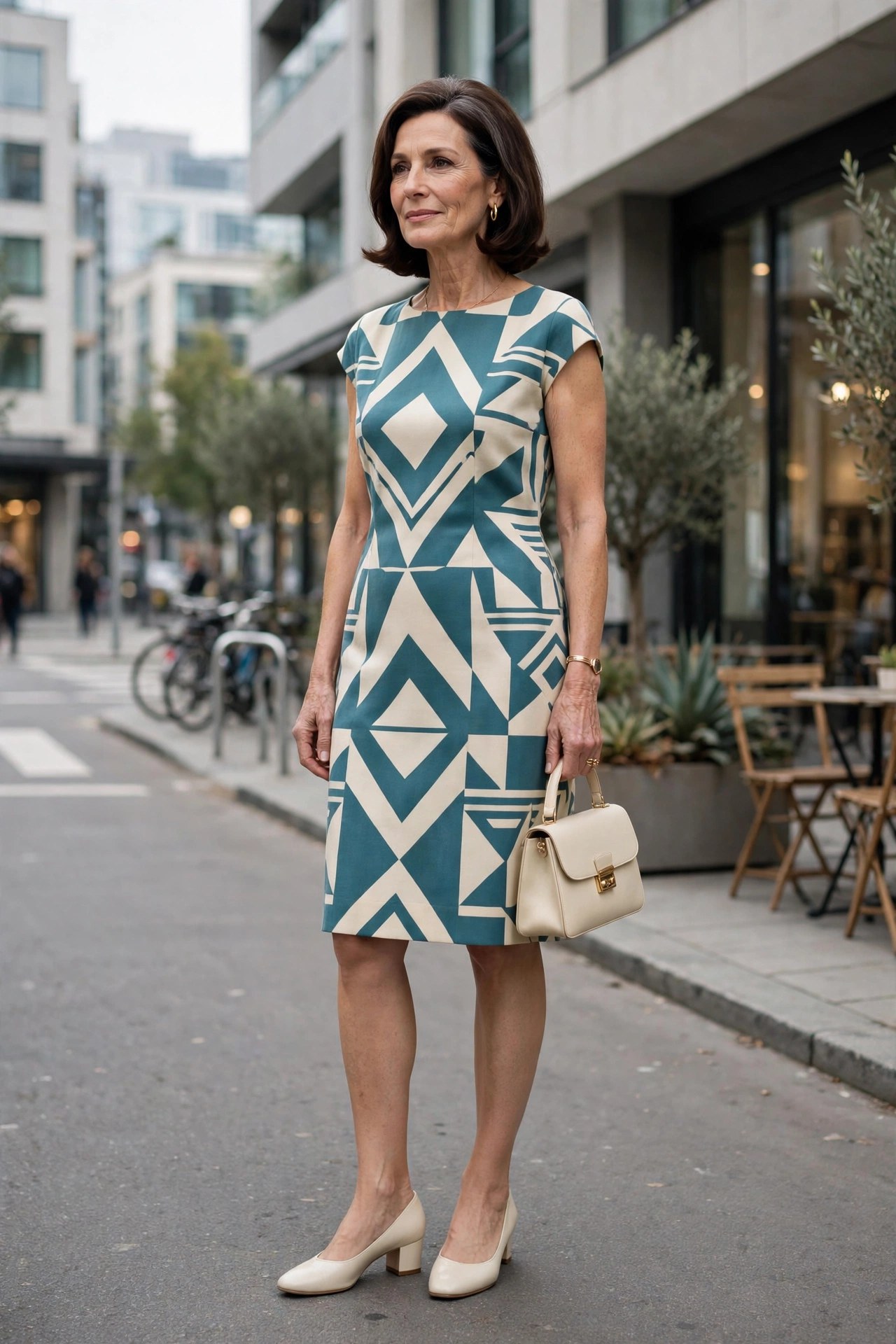 Woman in her 50s wearing a geometric-print shift dress in teal and cream