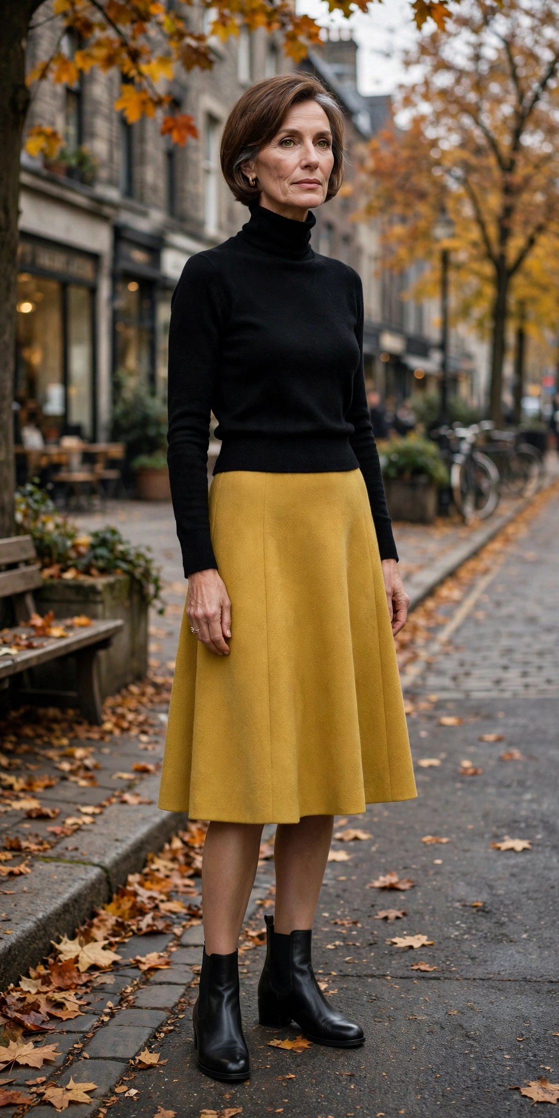 Woman in her 50s wearing a mustard knee-length A-line skirt with a black turtleneck