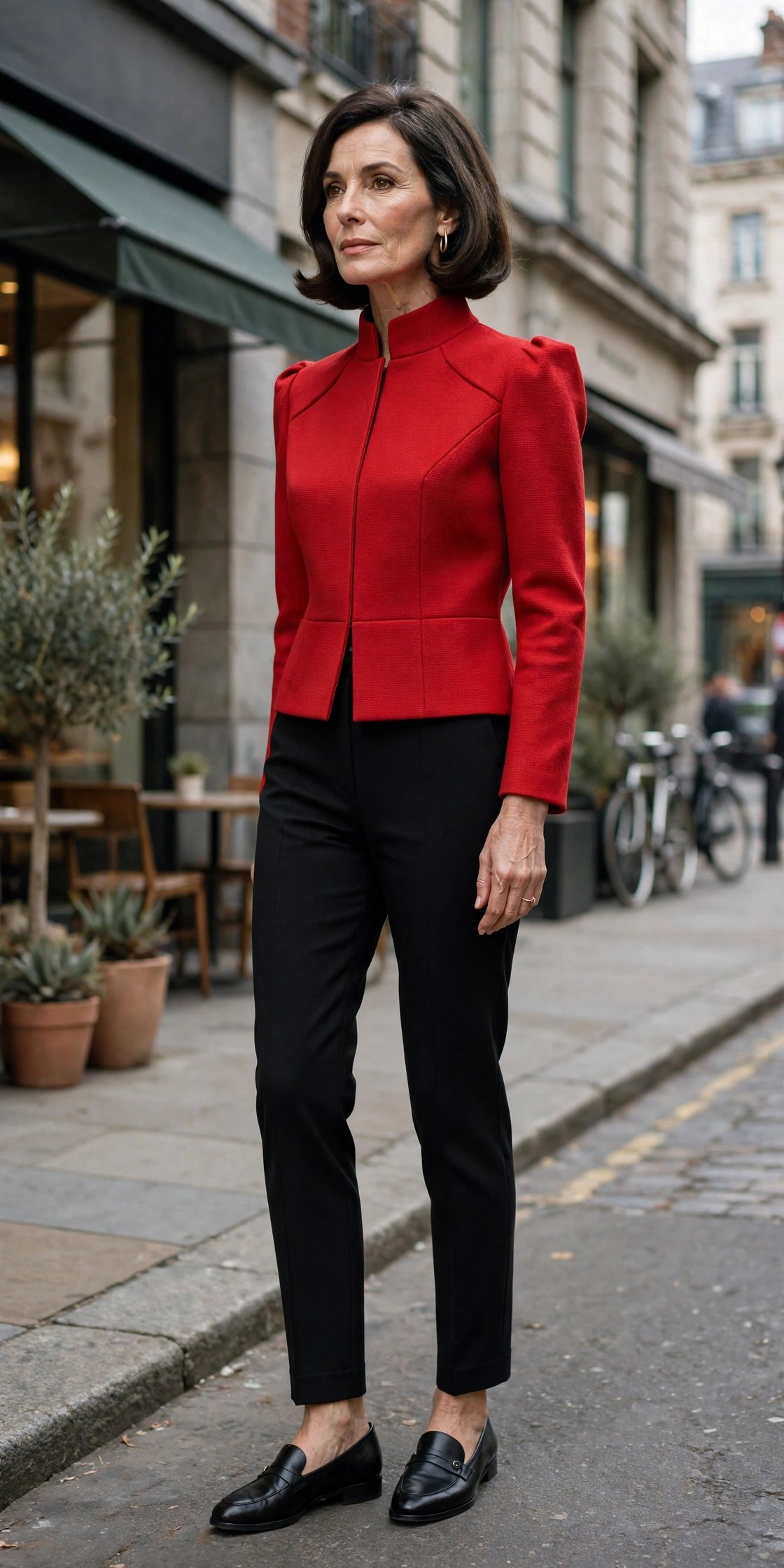Woman in her 50s wearing slim black ankle trousers with a bold red structured top