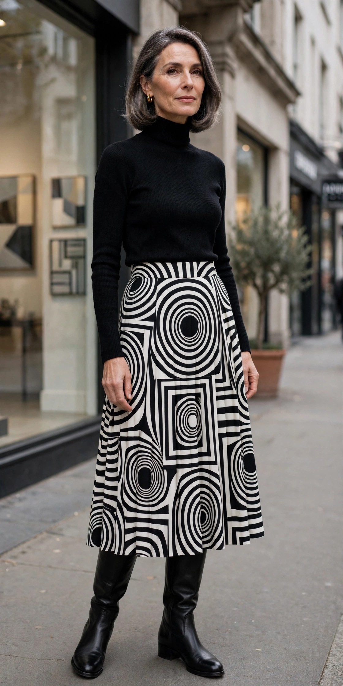 Woman in her 50s wearing a black turtleneck with a geometric op-art print midi skirt