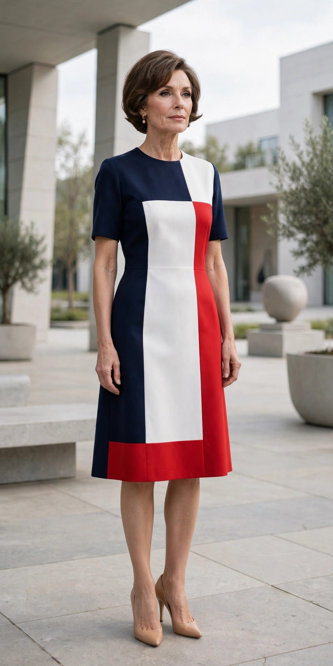 Woman in her 50s wearing a color-block dress in navy, white and red panels