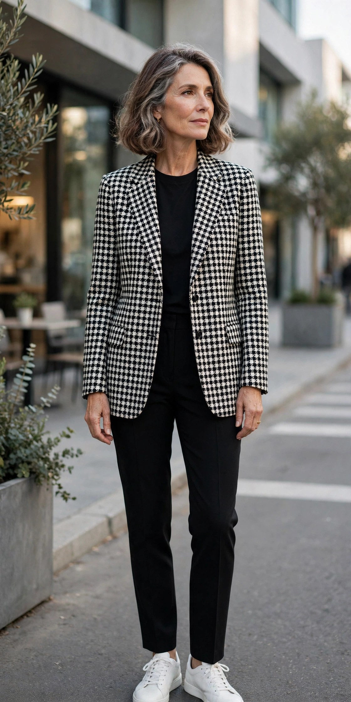 Woman in her 50s wearing a black and white houndstooth blazer with black trousers