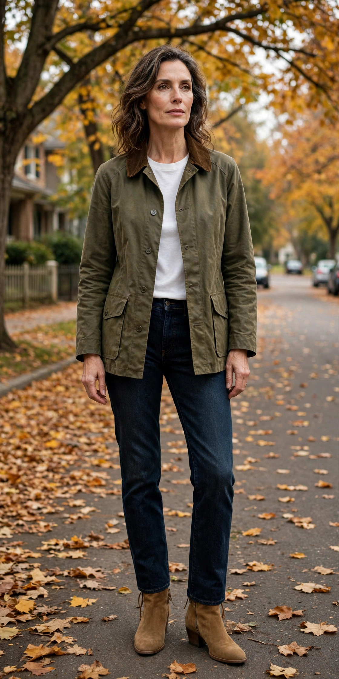 Woman over 50 in olive barn jacket, white tee and dark jeans on an autumn street