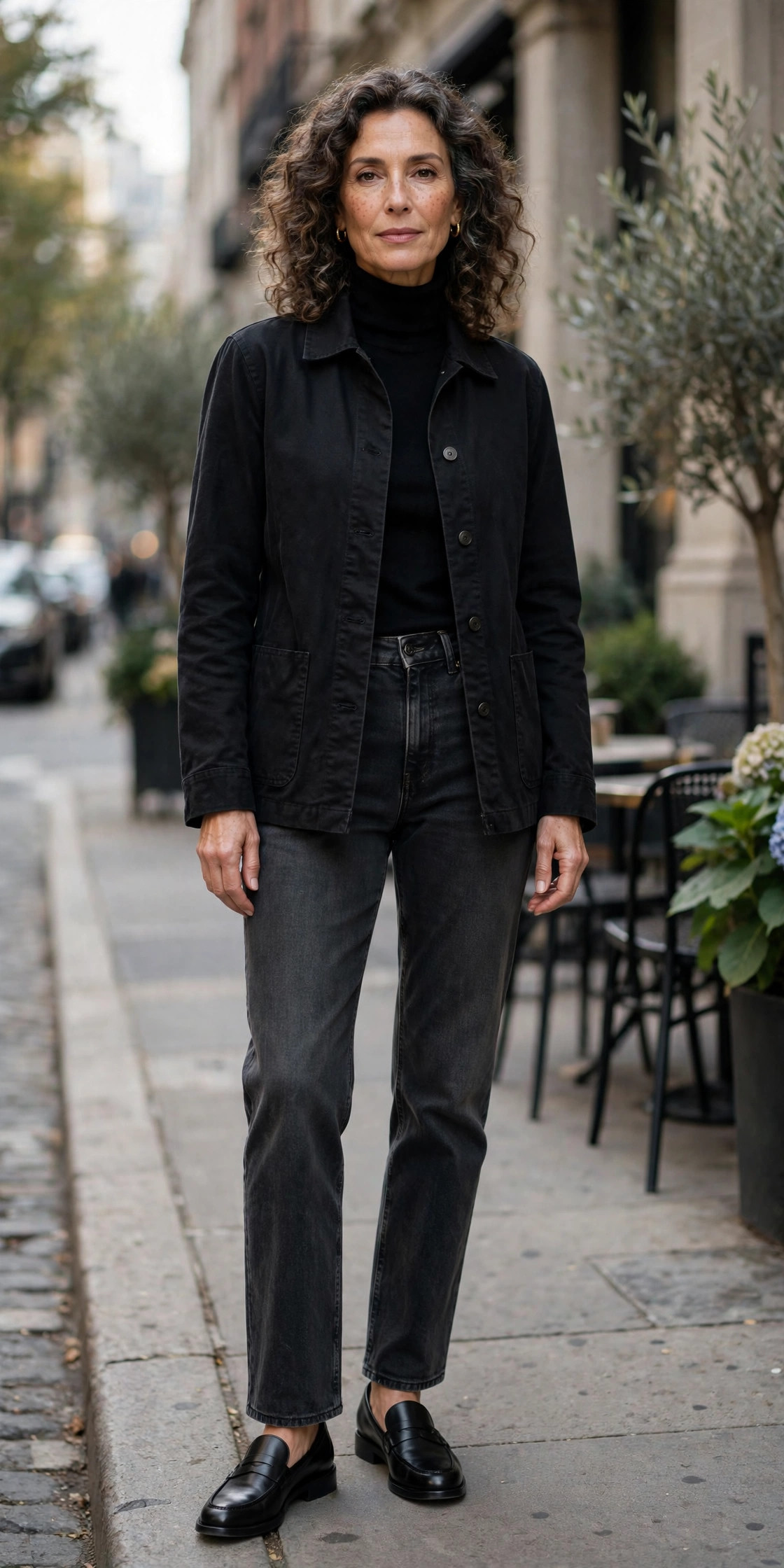 Woman over 50 in black barn jacket and black turtleneck with charcoal jeans in the city