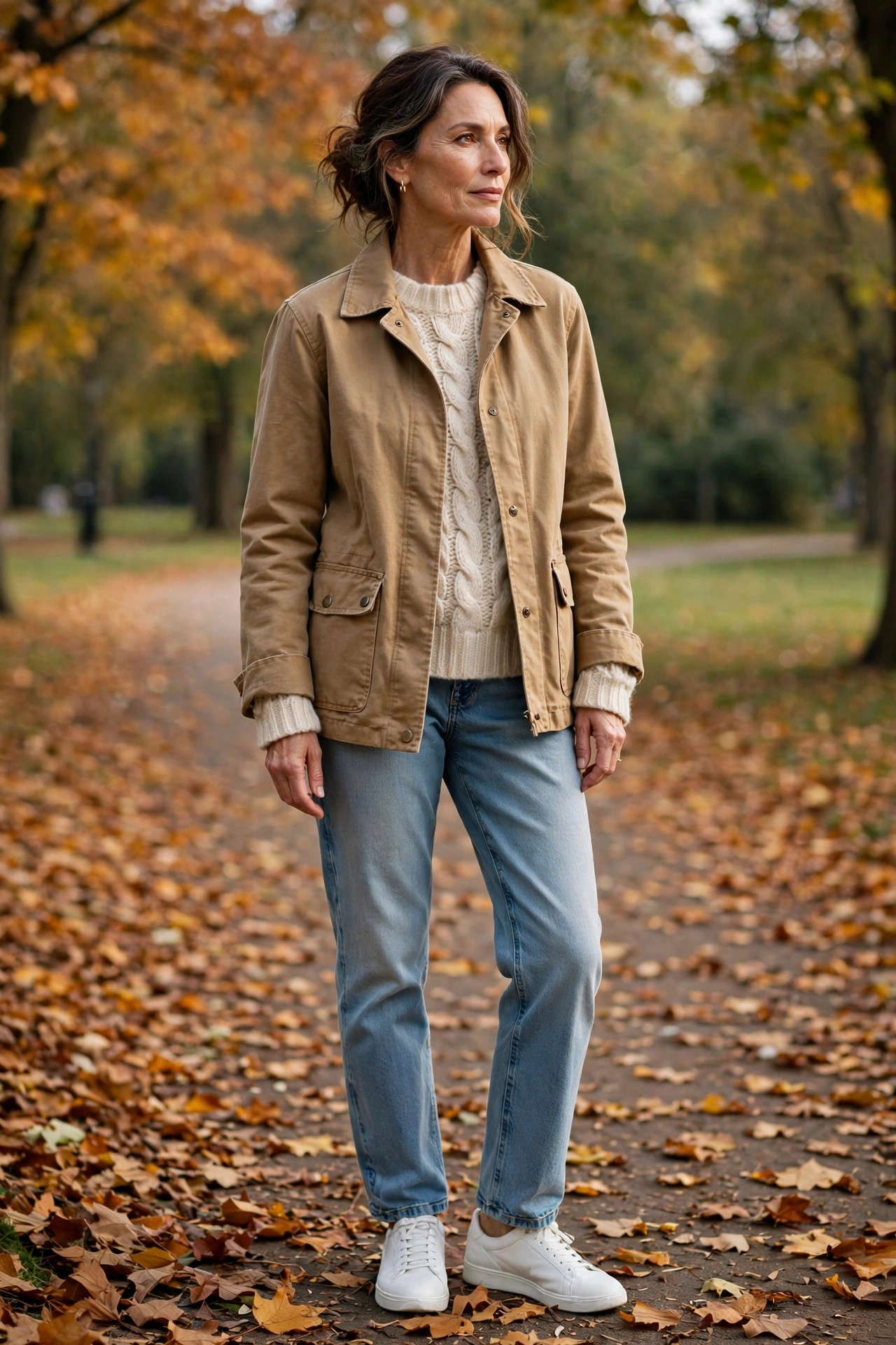 Woman over 50 in tan barn jacket and cream cable-knit sweater with light jeans in a park