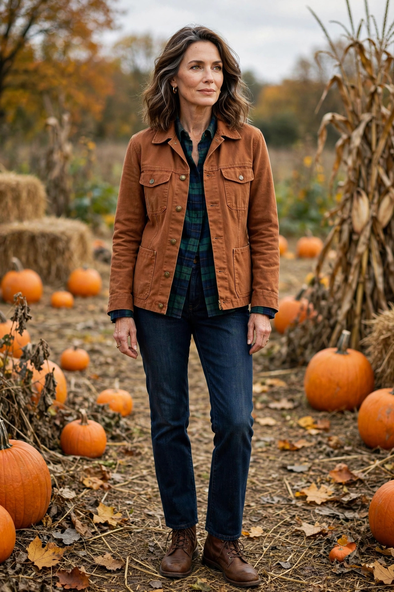 Woman over 50 in rust barn jacket and plaid flannel shirt with dark jeans at a pumpkin patch