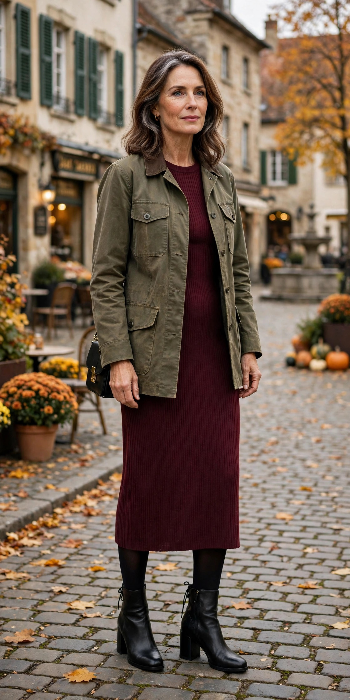 Woman over 50 in olive barn jacket over burgundy knit midi dress with ankle boots