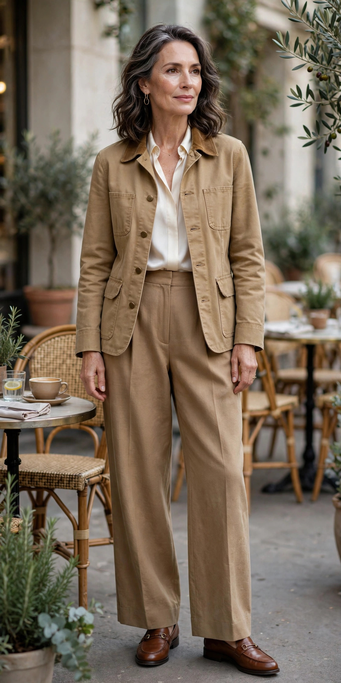 Woman over 50 in tan barn jacket, ivory blouse and camel wide-leg trousers at a cafe terrace