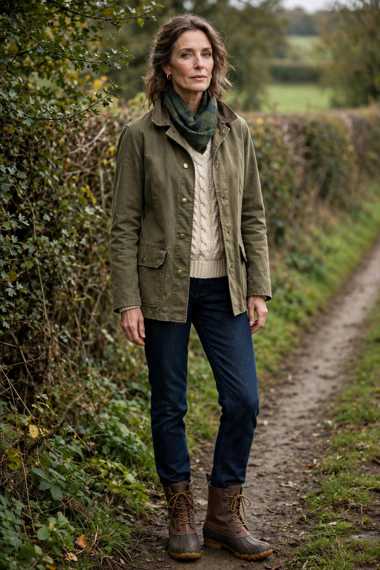 Woman over 50 in olive barn jacket, cream Aran sweater and tartan scarf on a country lane