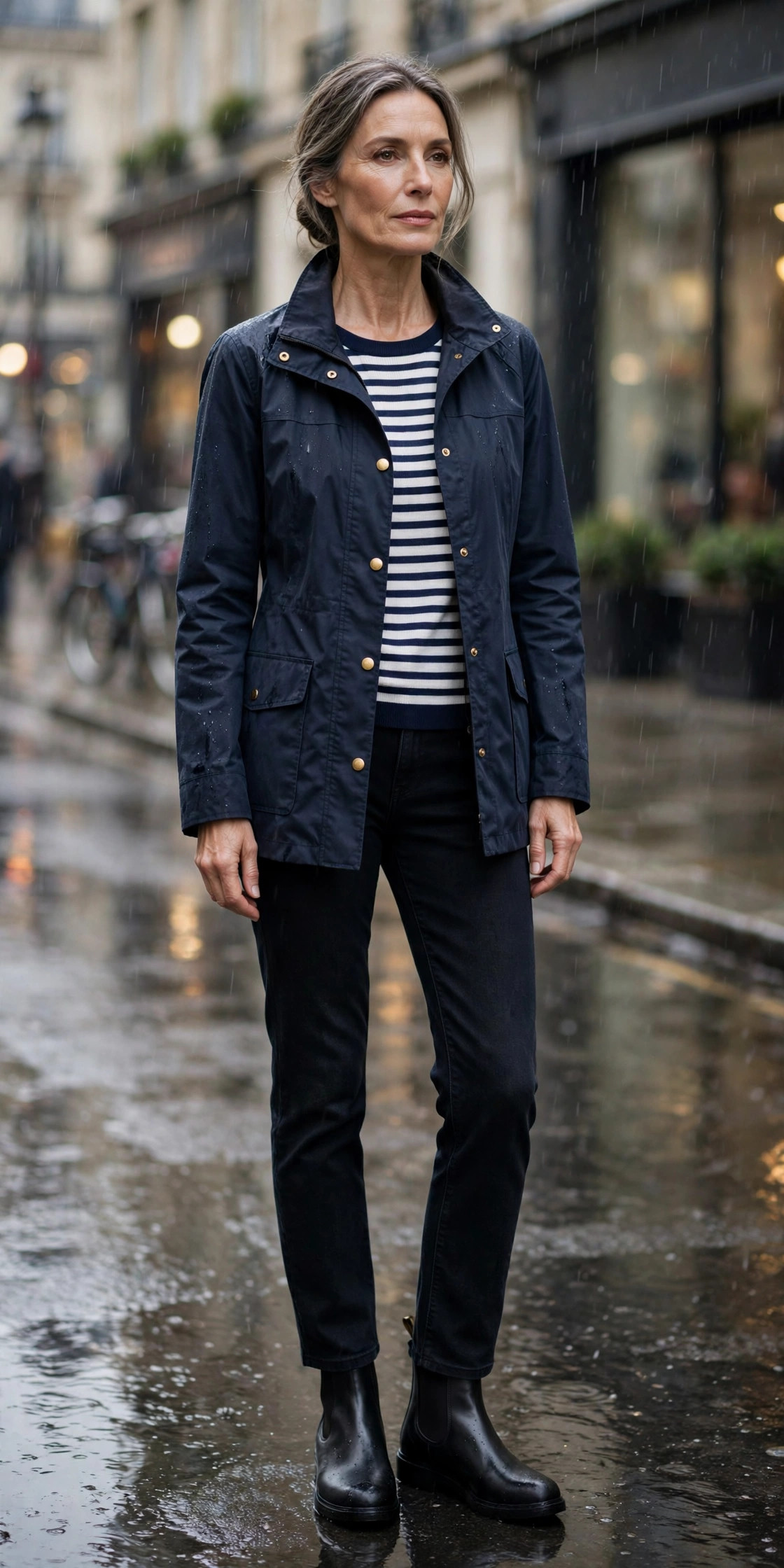 Woman over 50 in navy barn jacket and Breton stripe top with black jeans on a rainy street