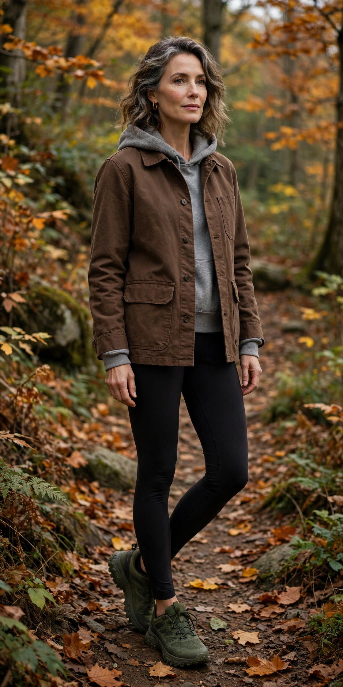 Woman over 50 in brown barn jacket and grey hoodie with leggings on a woodland trail