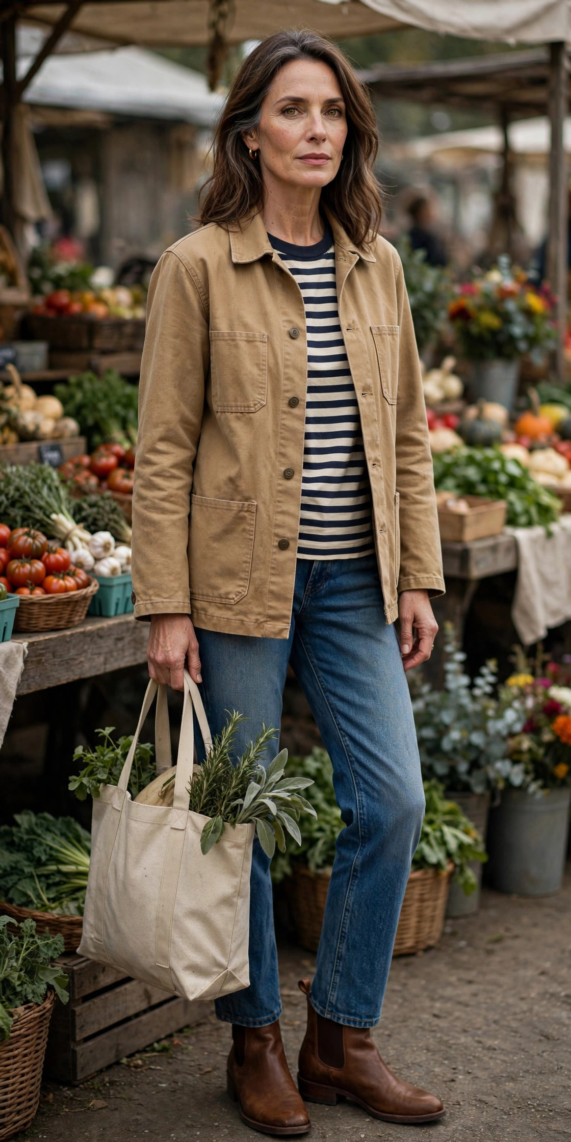 Woman over 50 in tan barn jacket and striped tee with jeans at a farmers market