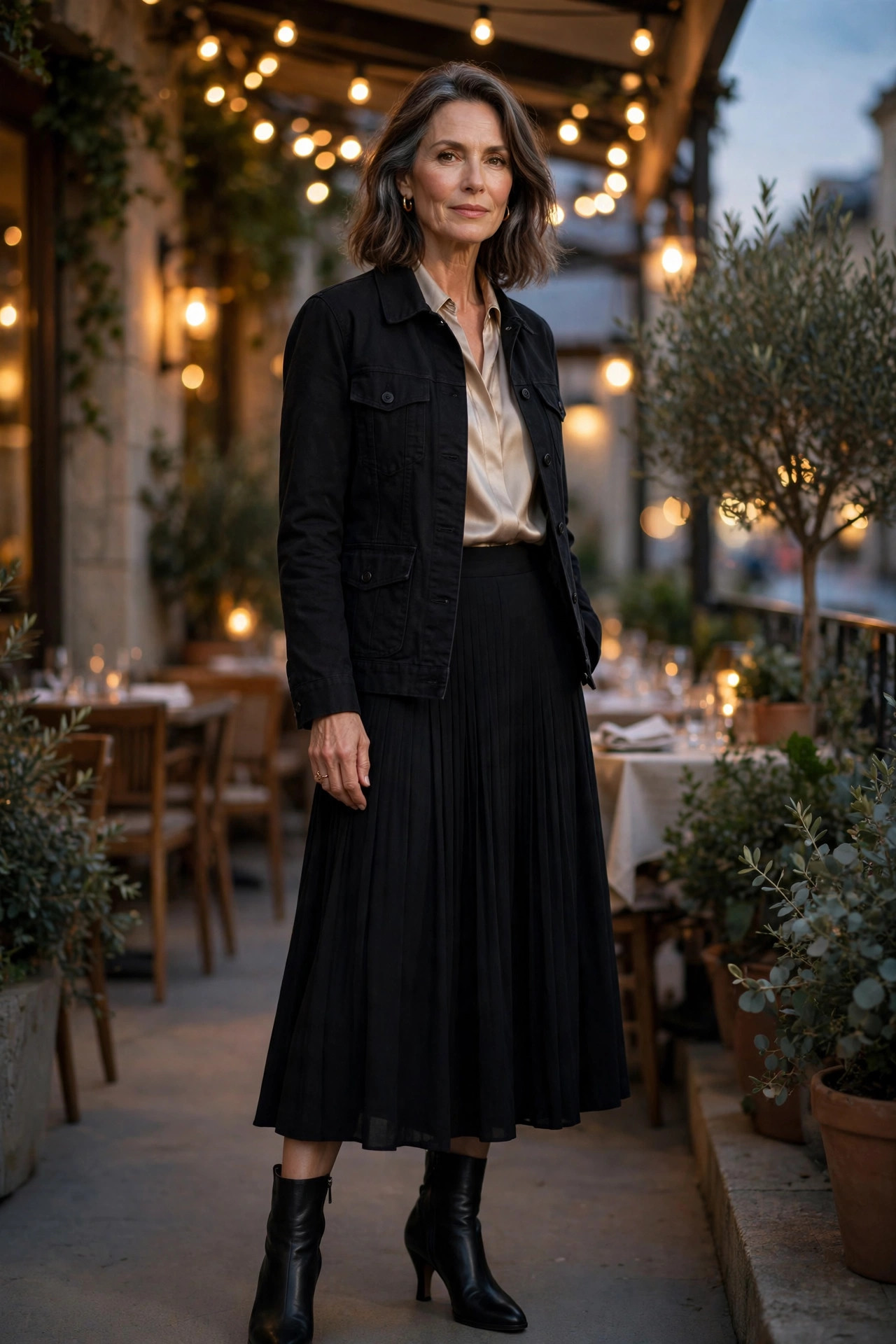 Woman over 50 in black barn jacket and champagne satin blouse with black midi skirt at dusk