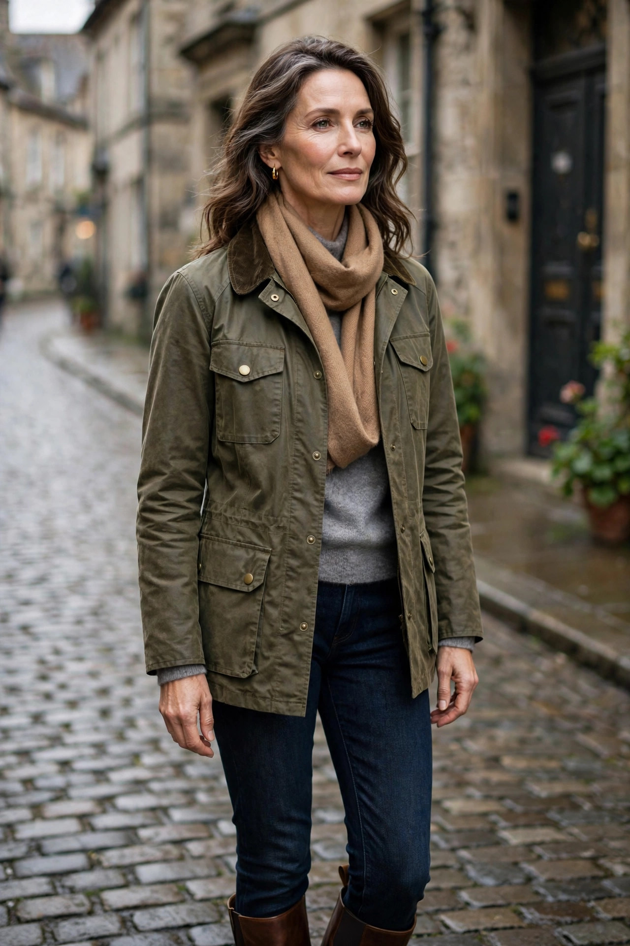Woman over 50 in olive barn jacket, grey cashmere sweater and camel scarf on a cobblestone street