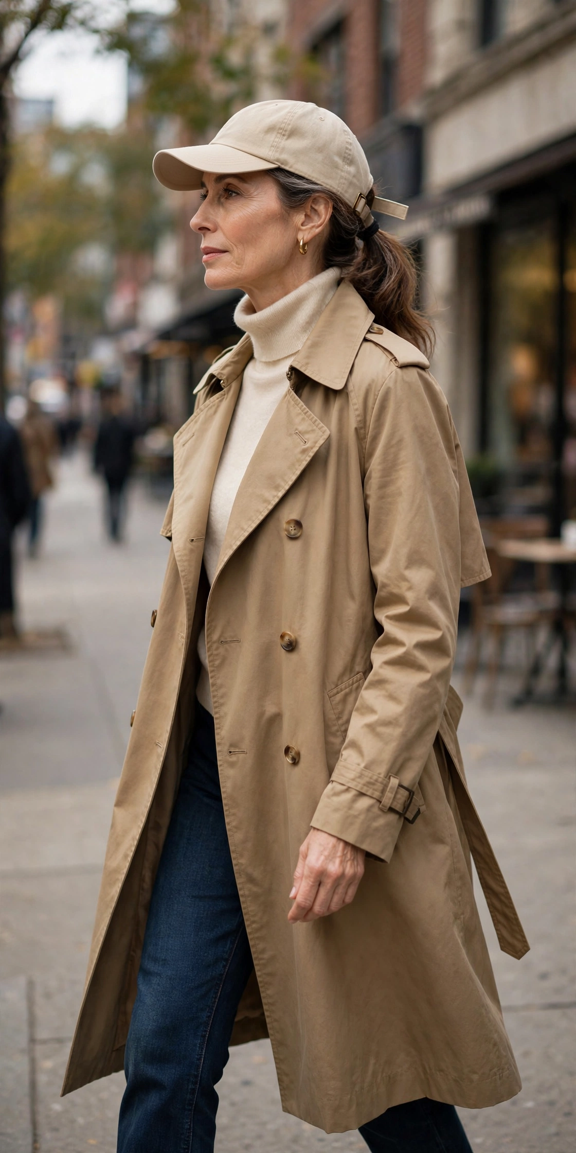 Woman over 50 with a low ponytail pulled through a beige baseball cap strap, camel trench coat and cream turtleneck